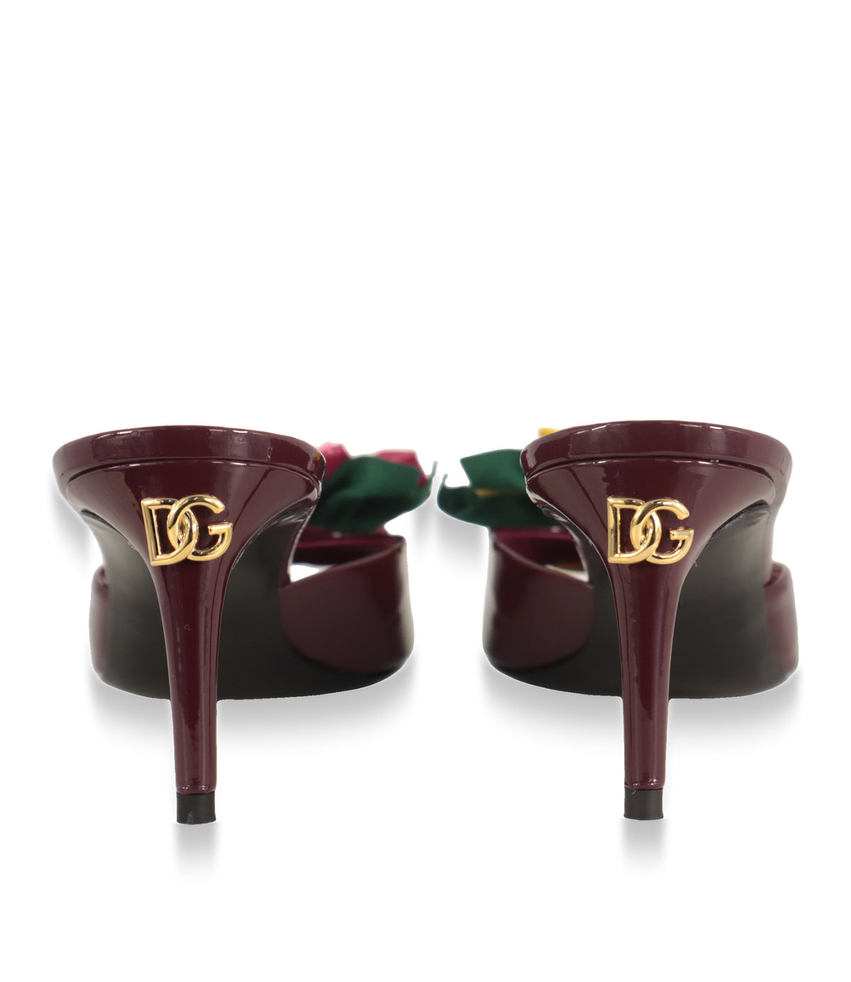 Dolce & Gabbana Mules Rückansicht mit goldfarbenem DG-Logo am Stilettoabsatz