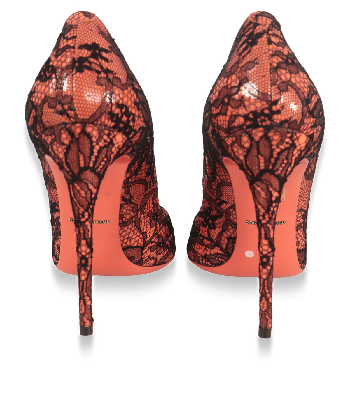 Dolce & Gabbana Pumps von hinten, schlanke Stiletto-Absätze mit Spitzenbezug