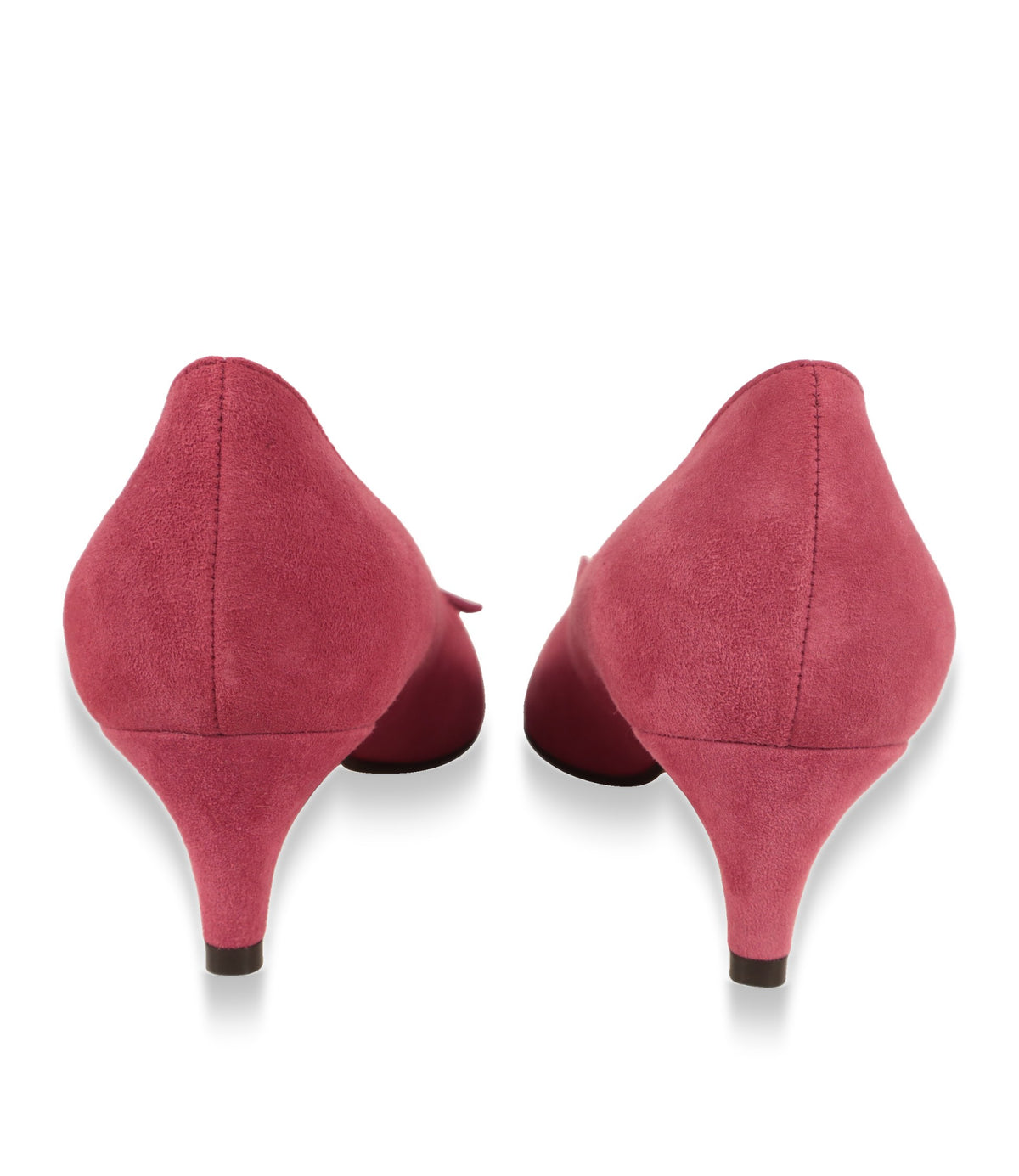 Rückansicht der pinkfarbenen Wildleder-Pumps mit schlankem Absatz