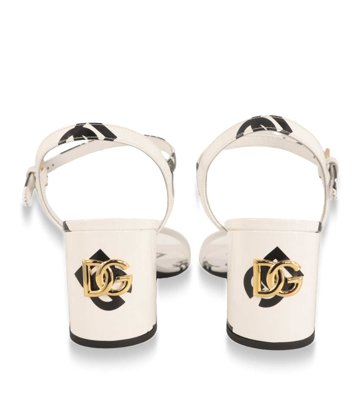 Rückansicht der Dolce & Gabbana Sandaletten mit zylindrischem Blockabsatz und goldfarbenem DG-Emblem