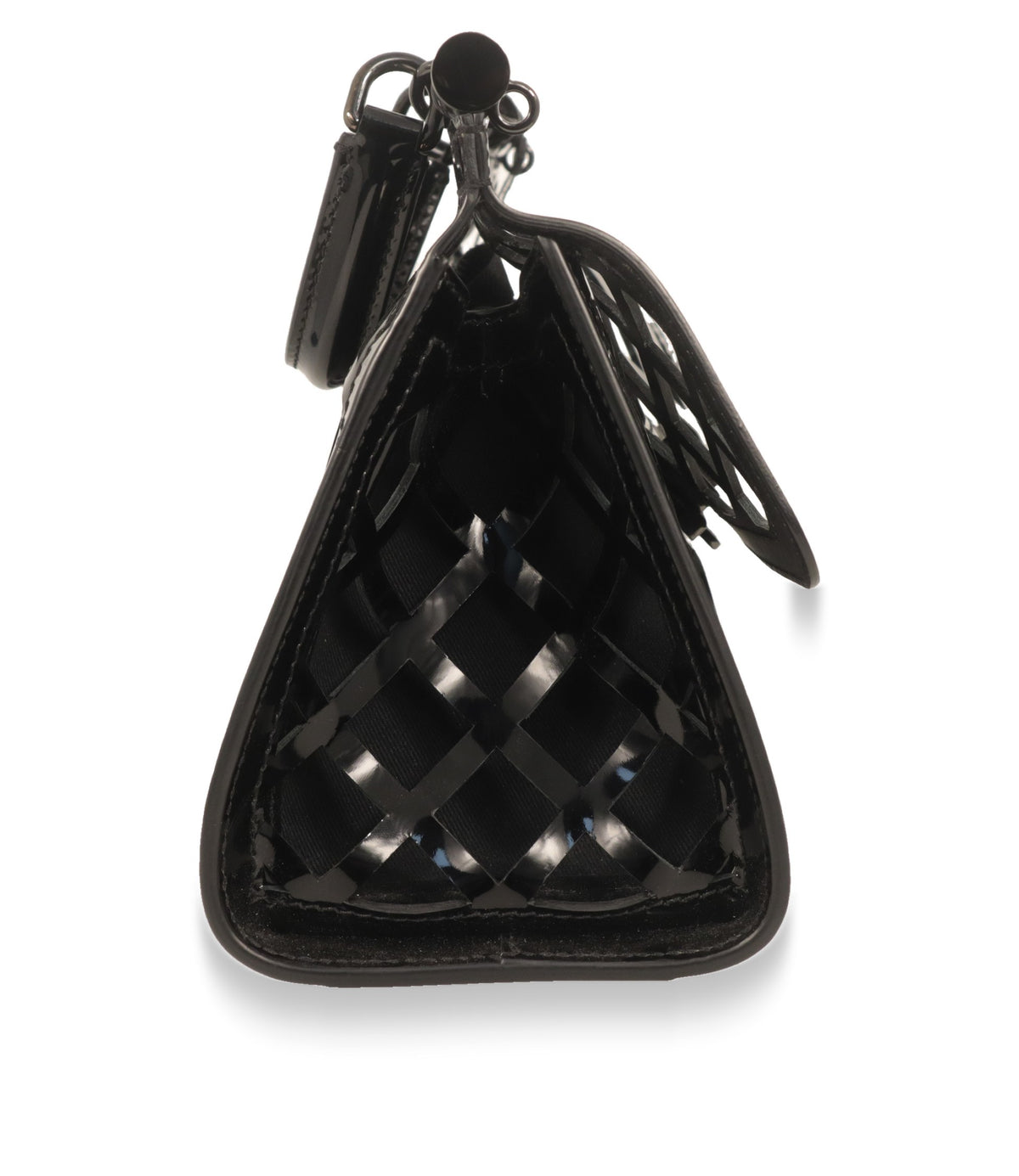 Seitenansicht der Dolce & Gabbana Schultertasche aus schwarzem Lackleder mit Textilfutter