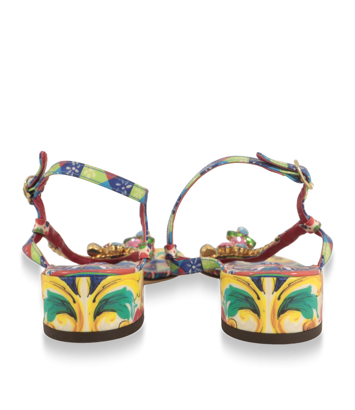 Dolce & Gabbana Sandalen von hinten mit bedrucktem Blockabsatz und Knöchelriemen