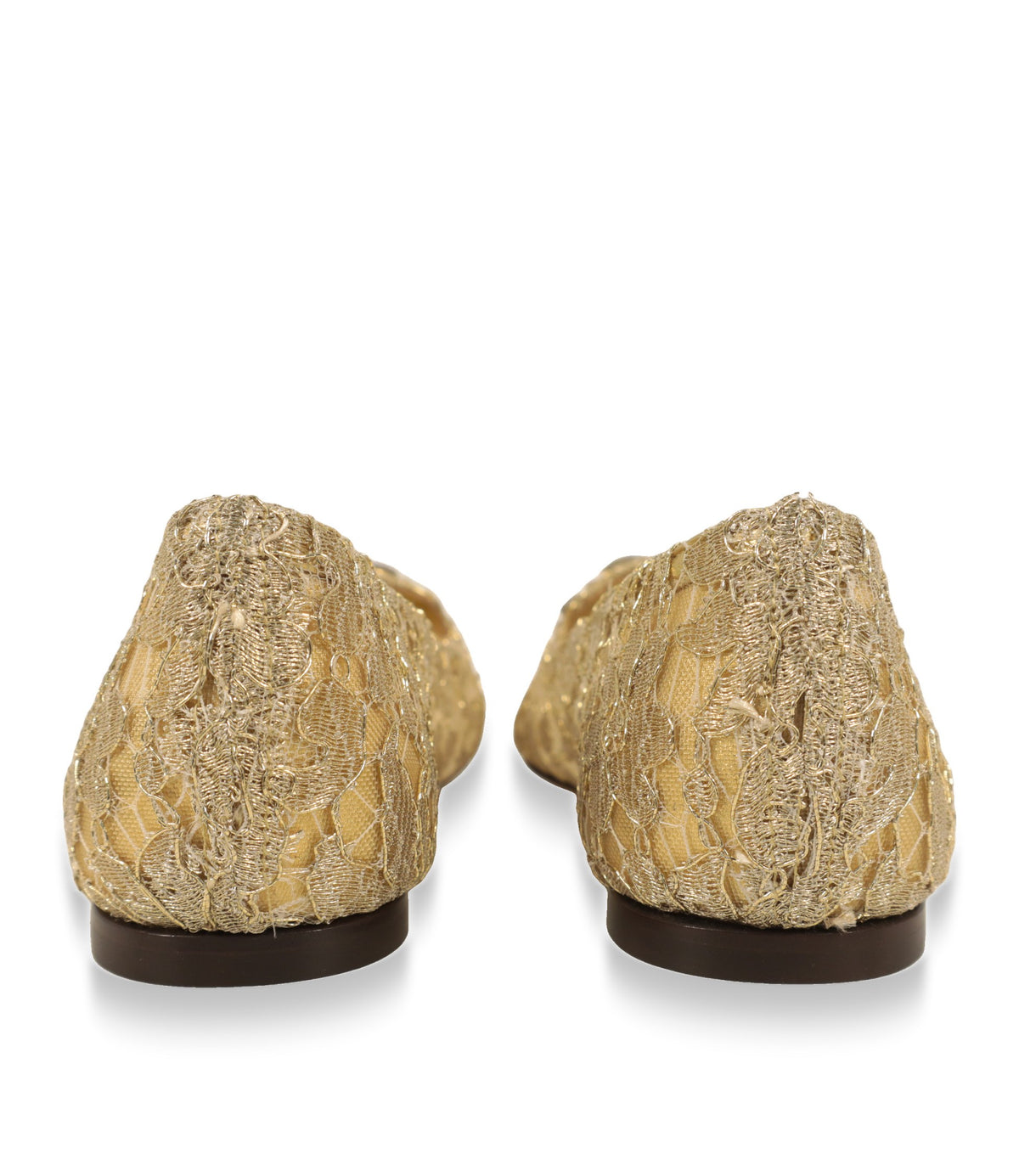 Dolce & Gabbana Spitzenslipper in Gold, Rückansicht mit flacher Ledersohle