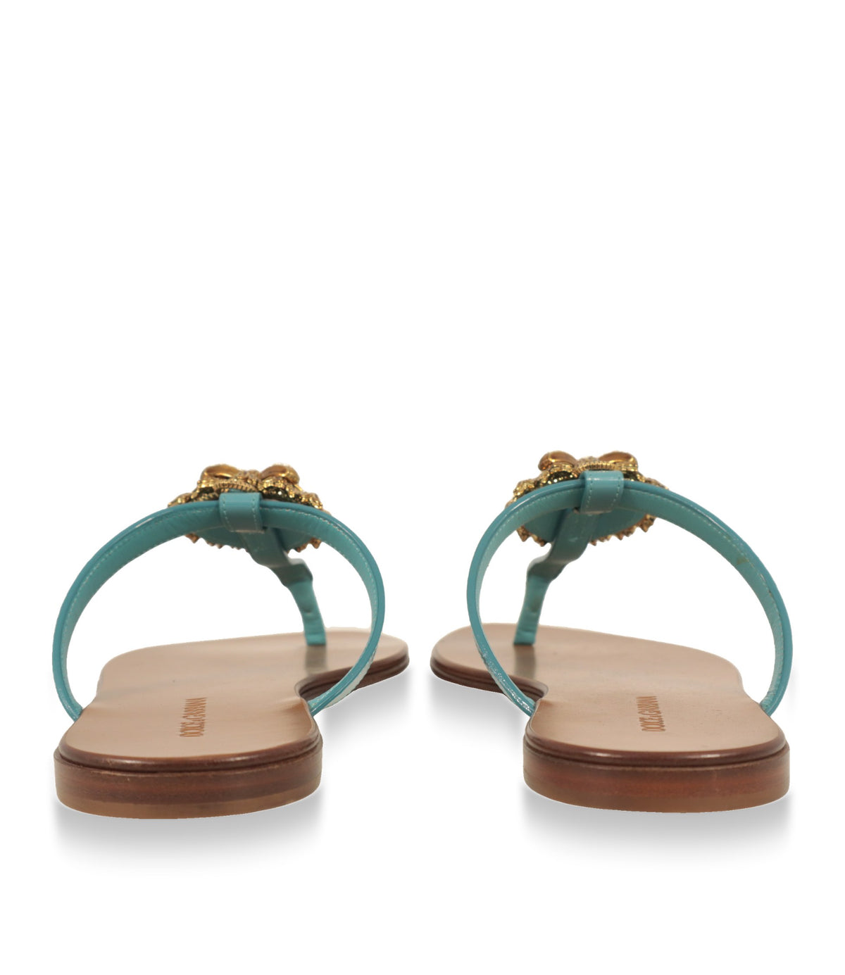 Dolce & Gabbana flache Sandalen von hinten mit schmalen türkisfarbenen Riemen