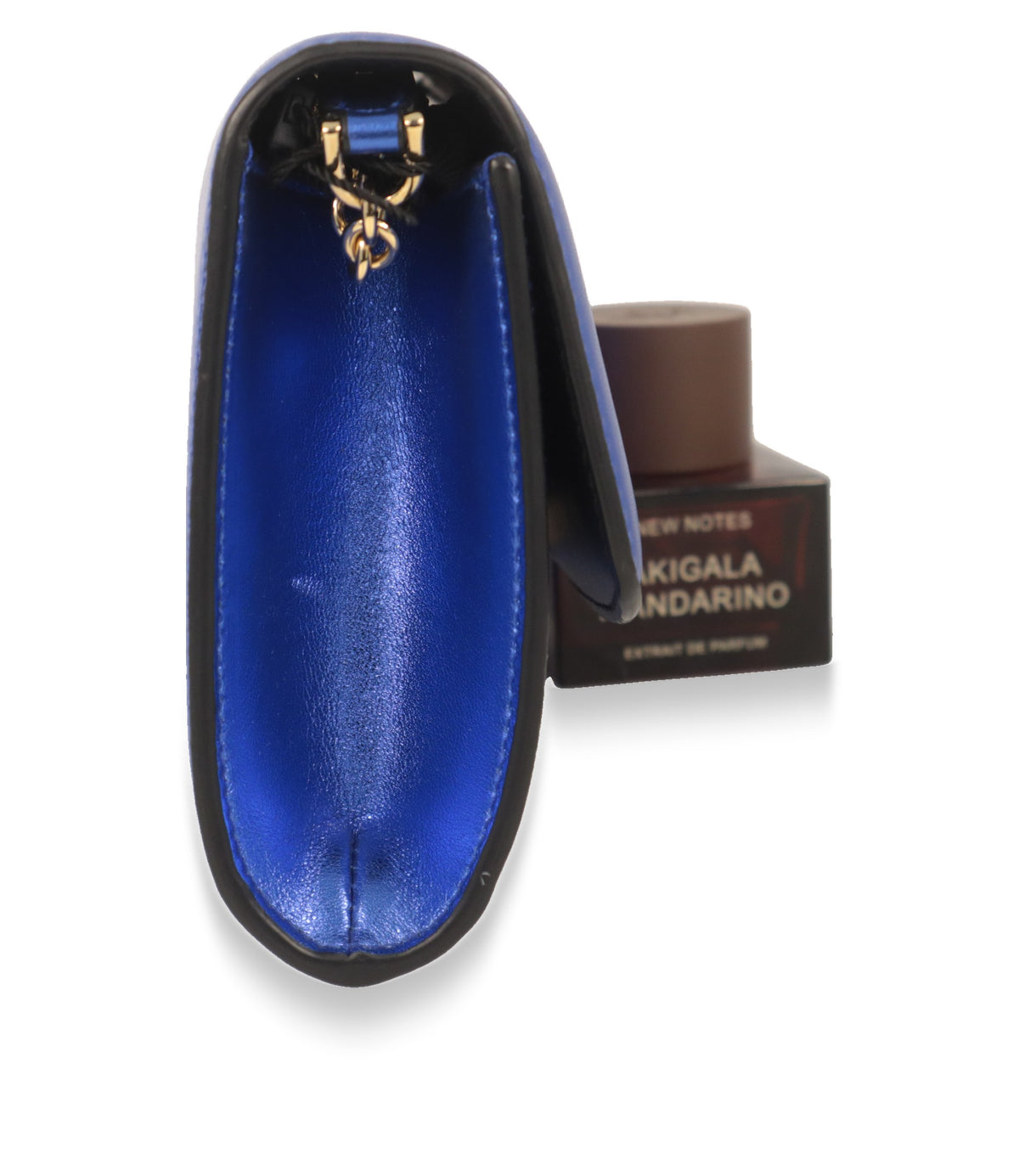 Innenansicht der blauen Dolce & Gabbana Mini-Umhängetasche mit Lederfutter und Kettenbefestigung