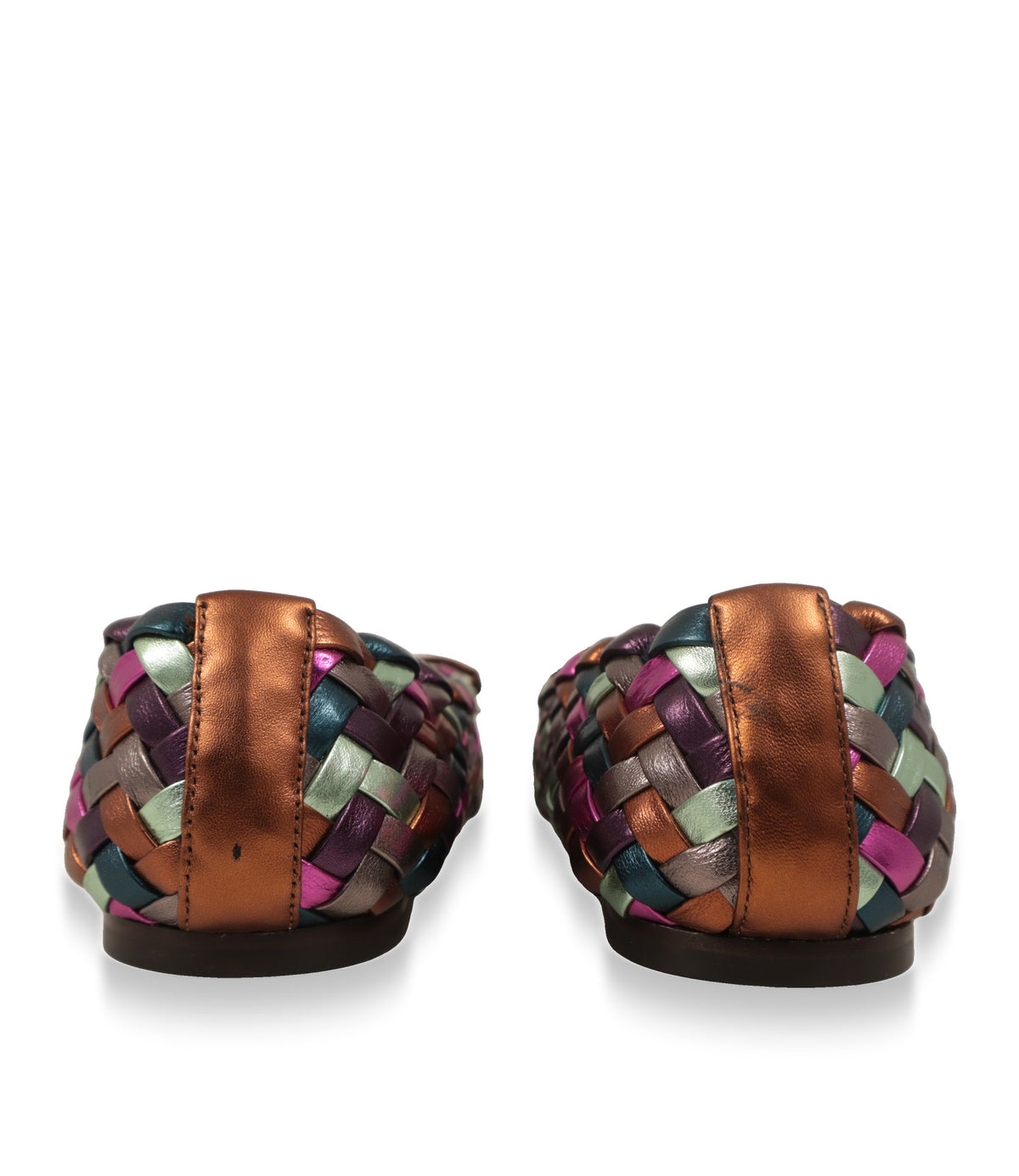 Dolce & Gabbana Ballerinas Rückansicht mit bronzefarbener Fersenkappe und Flechtleder