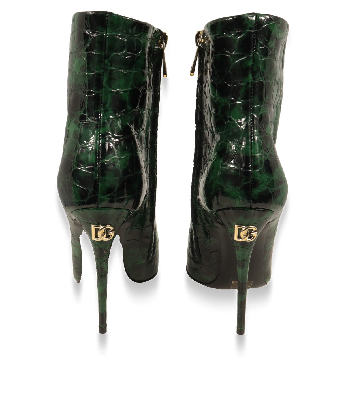 Rückansicht der Dolce & Gabbana Stiefeletten mit goldenem DG-Logo am Absatz