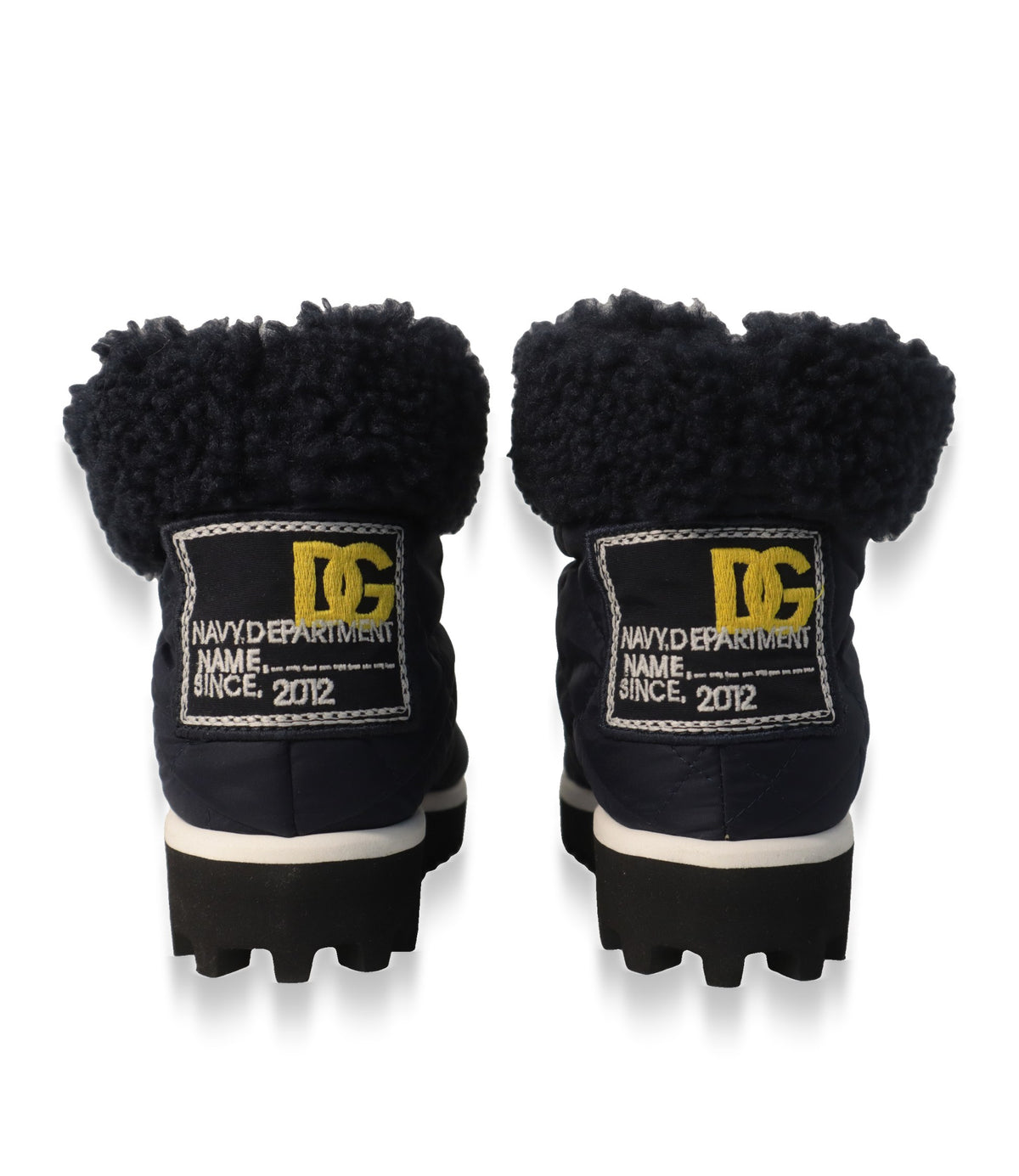 Dolce & Gabbana Boots Rückansicht mit gelbem DG-Logo-Patch und Navy-Department-Stickerei