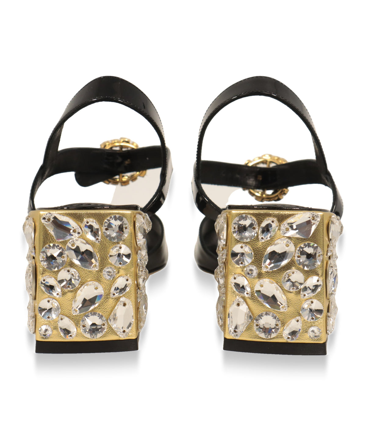 Dolce & Gabbana Sandaletten von hinten mit goldfarbenem Blockabsatz und klaren Kristallen