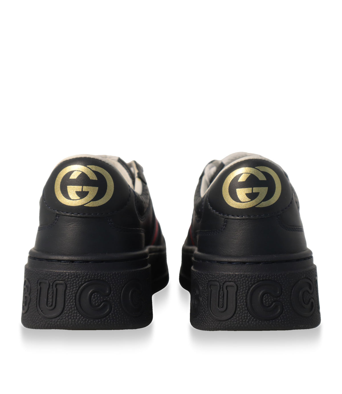 Gucci Leder Sneaker von hinten mit goldenem Interlocking-G und Gucci-Sohlenprägung