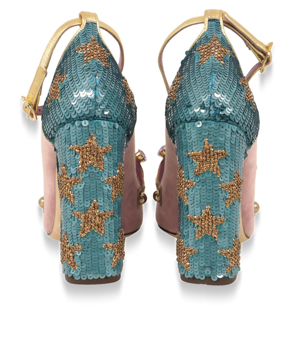 Blockabsatz der Dolce & Gabbana Pumps mit türkisfarbenen Pailletten und goldenen Sternen, Rückansicht