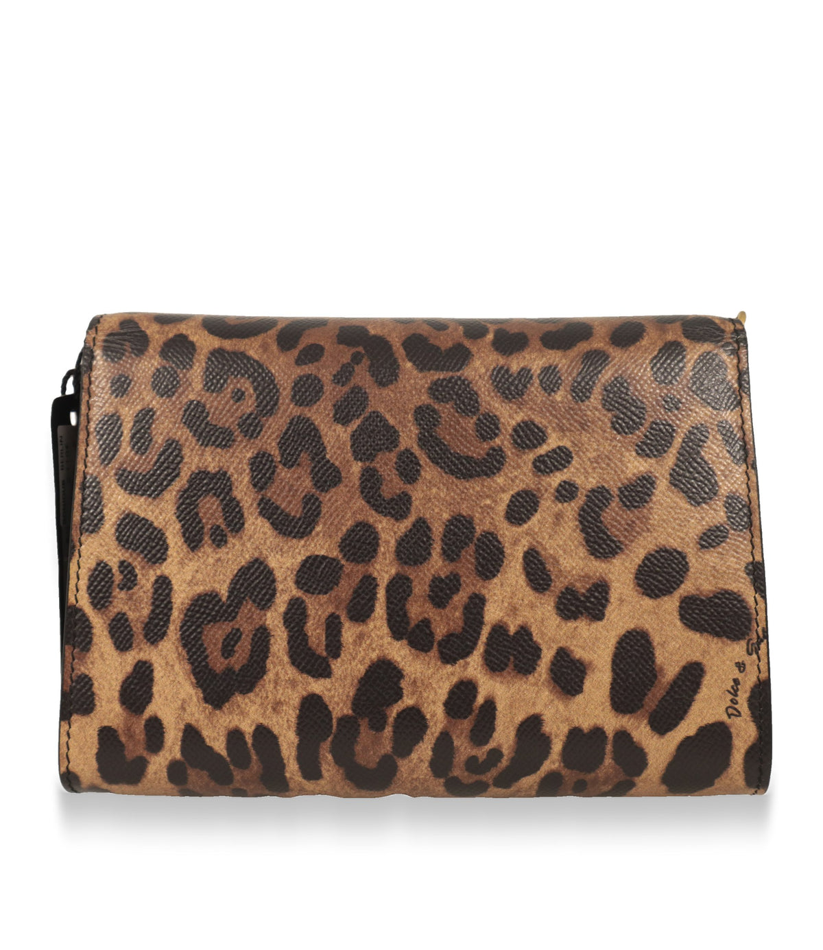 Rückseite der Dolce & Gabbana Umhängetasche mit durchgehendem Leoparden-Print aus Kalbsleder