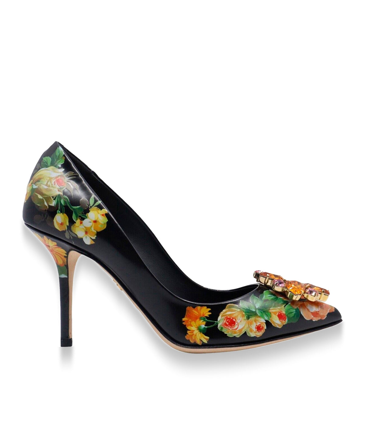 Dolce & Gabbana High Heels Größe 35 in Schwarz mit Blumenprint und Kristallschmuck auf der Spitze