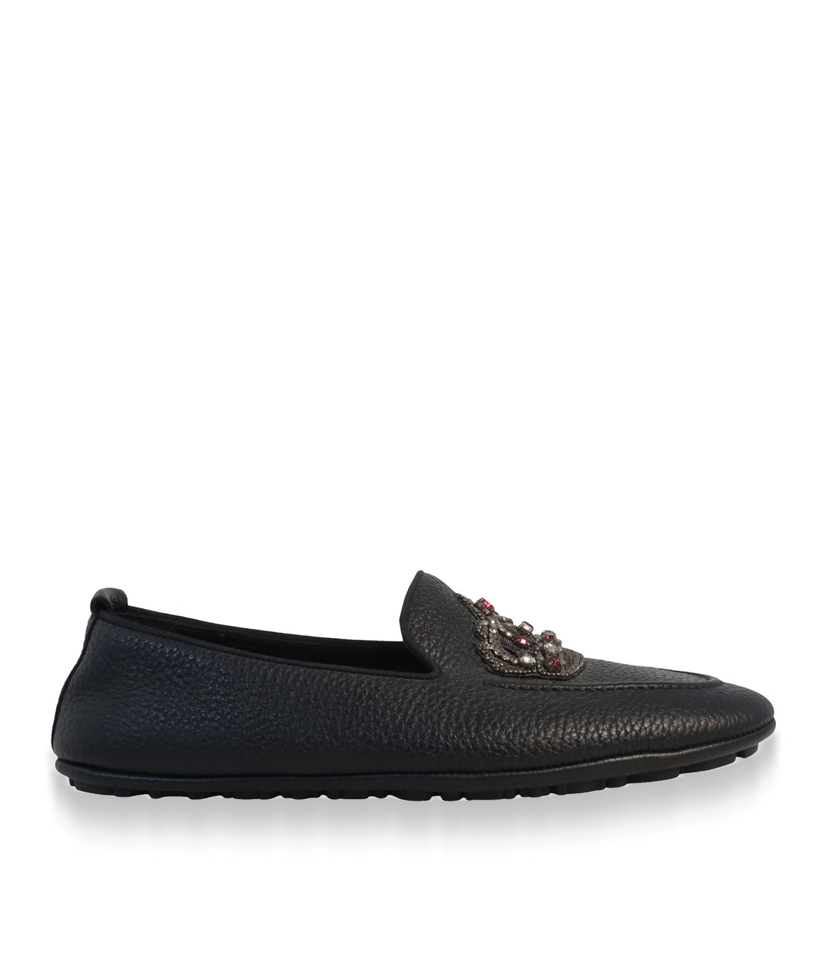 Dolce & Gabbana Loafer Größe 40,5 aus schwarzem genarbtem Leder mit Kronen-Applikation und Schmucksteinen.