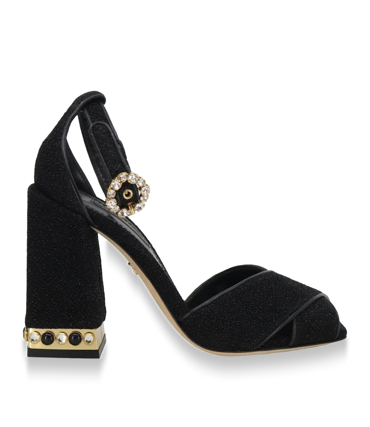 Schwarze Dolce & Gabbana High Heels mit Blockabsatz, Glitzerfinish und goldener Verzierung