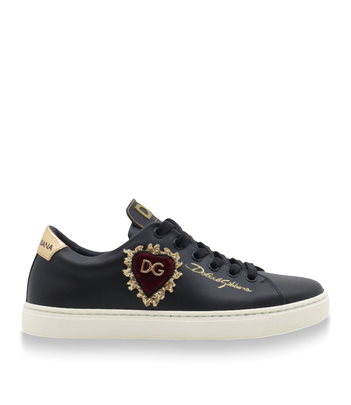 Schwarzer Dolce & Gabbana Sneaker mit Herz-Patch, Goldstickerei und weißer Sohle