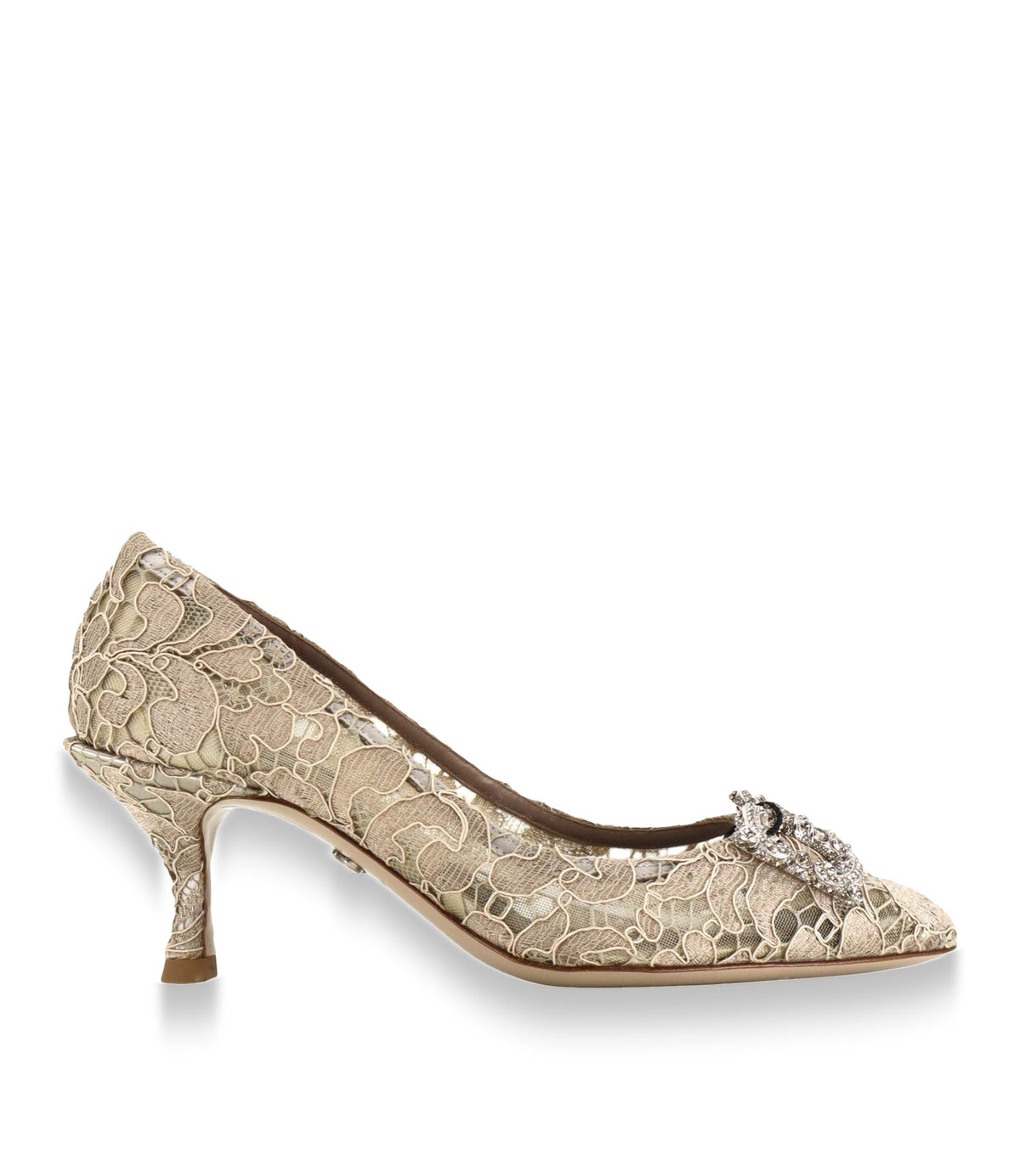 Dolce & Gabbana Pumps aus beigefarbener Spitze mit Schmuckapplikation