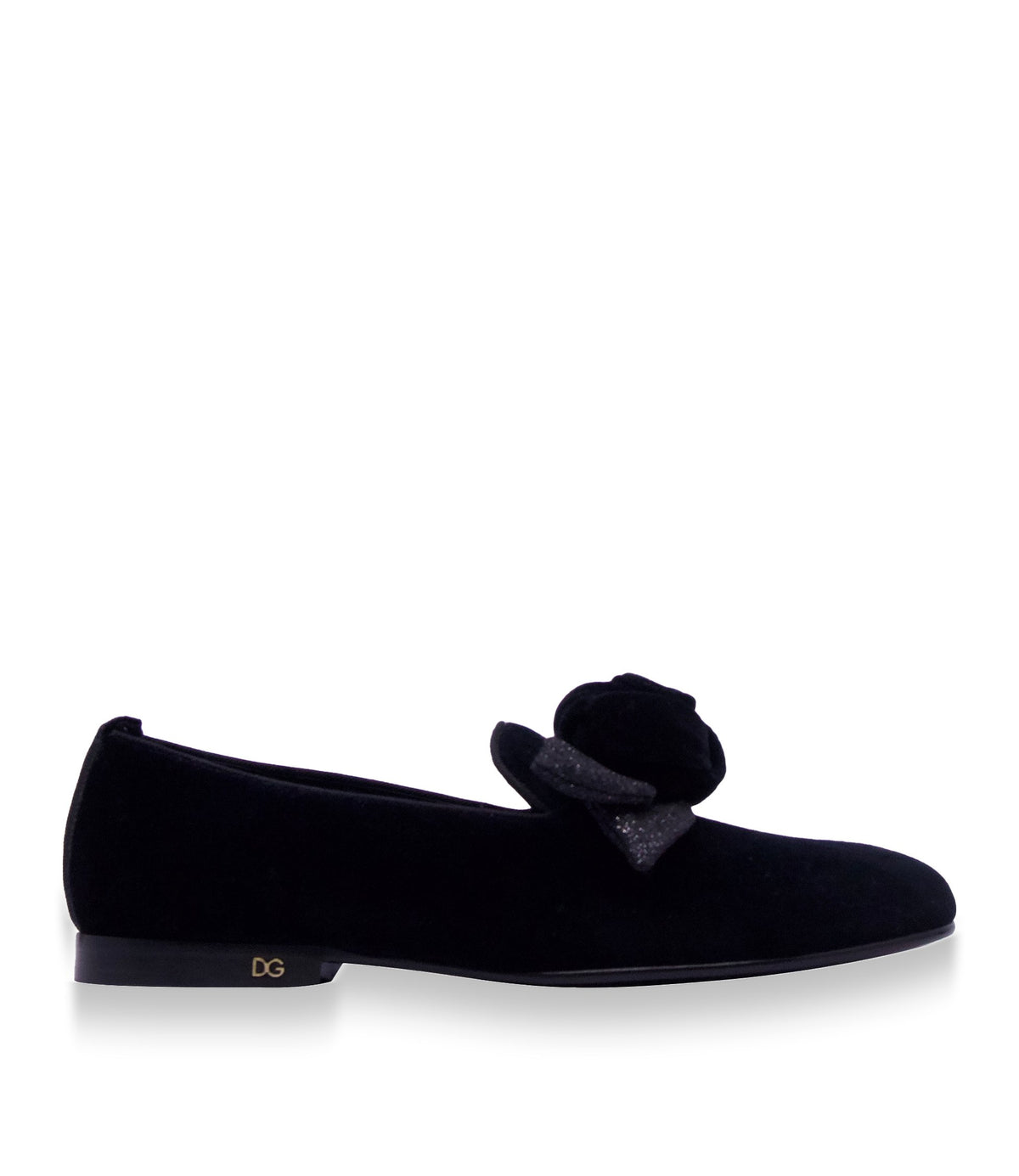 Dolce & Gabbana Slipper aus schwarzem Samt mit Rosendetail und flacher Sohle Größe 38