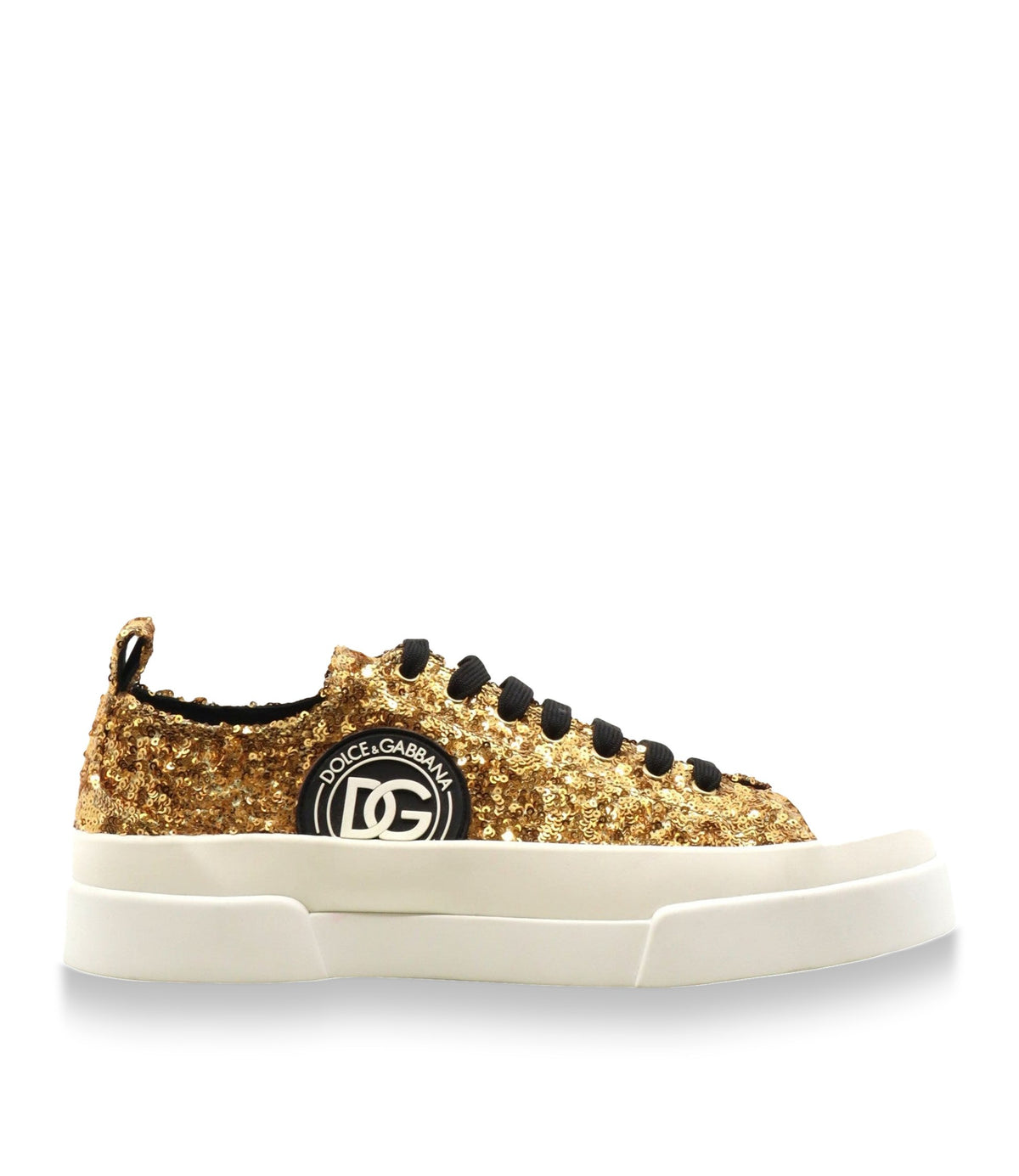Dolce & Gabbana Sneaker mit goldenen Pailletten und weißer Sohle Größe 45