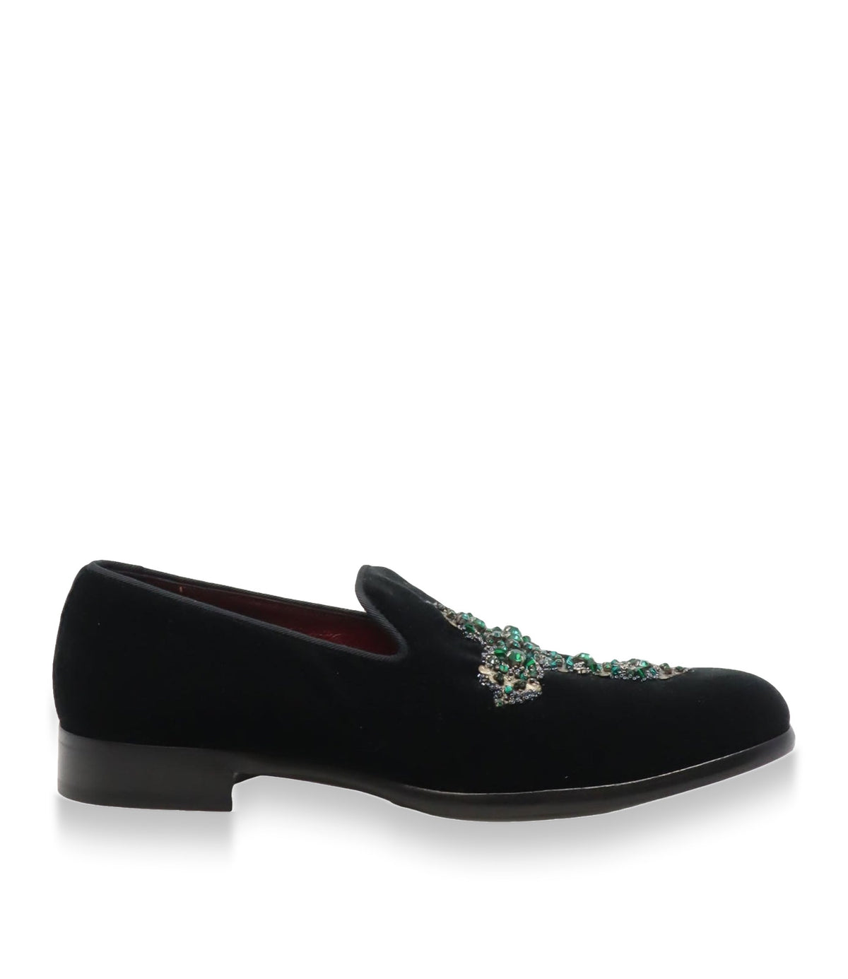 Dolce & Gabbana Herren-Loafer aus schwarzem Samt mit grünem Kristallbesatz Größe 41