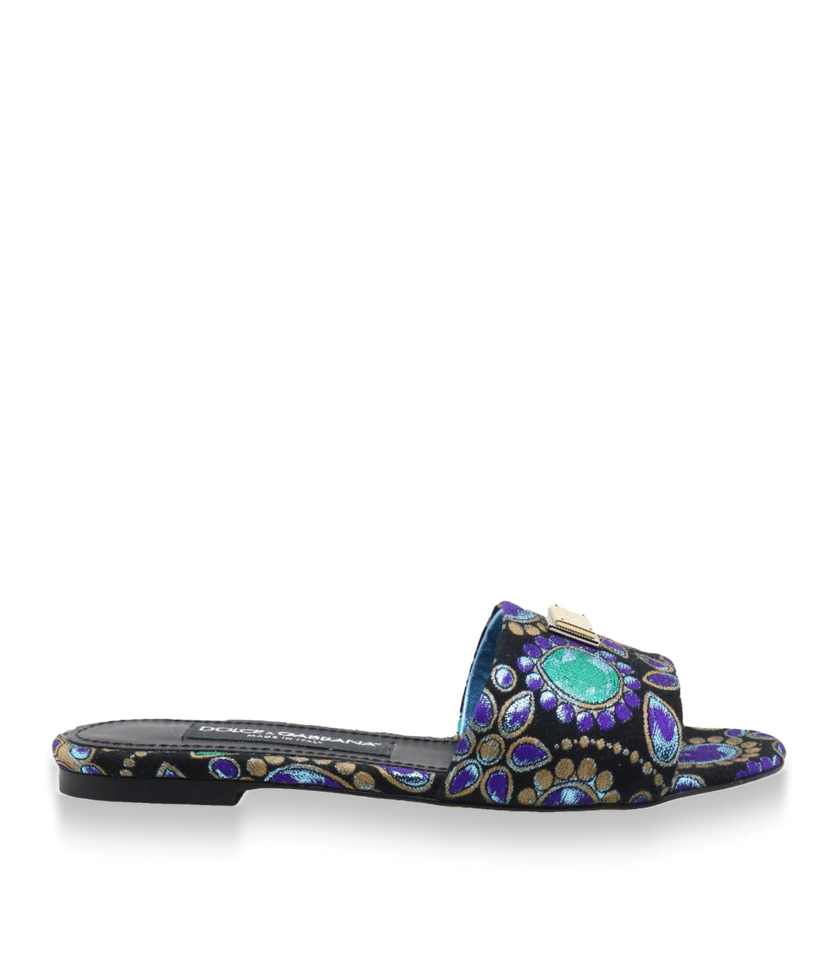 Dolce & Gabbana Sandalen mit Brokatmuster in Türkis und Violett sowie goldener Logo-Applikation