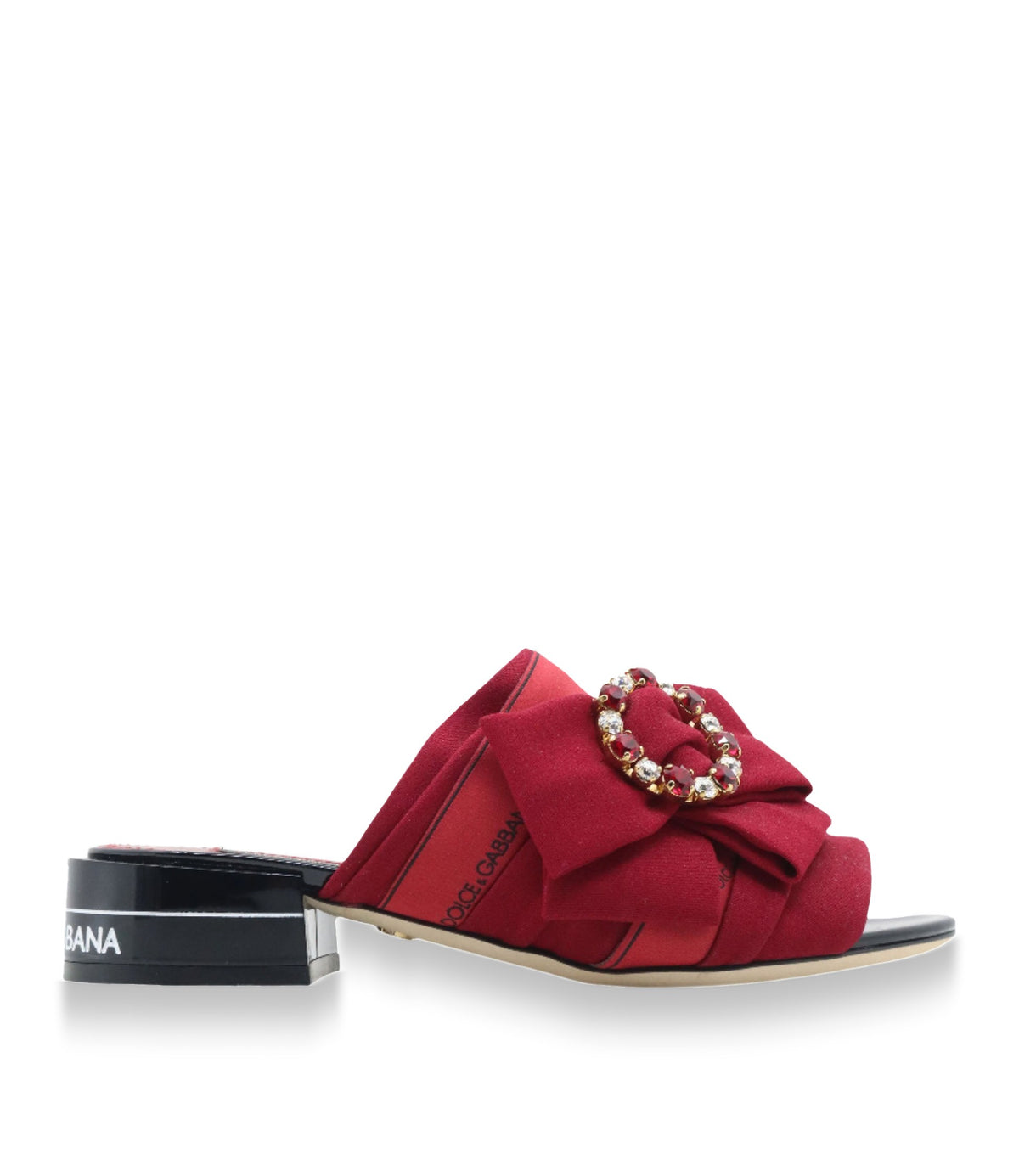 Rote Dolce & Gabbana Mules mit Schleife, Kristall-Schnalle und schwarzem Blockabsatz
