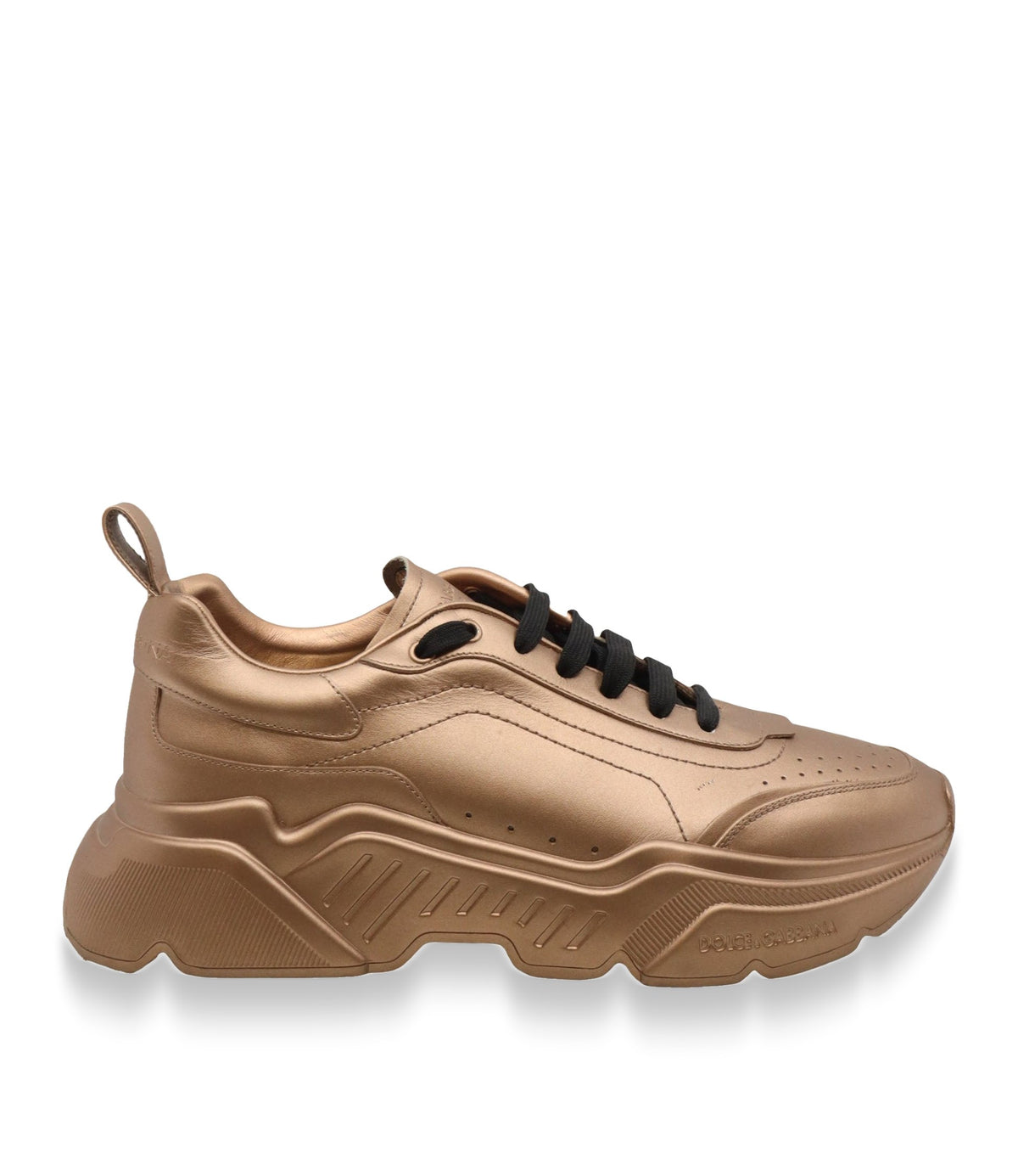 Bronze Metallic Dolce & Gabbana Sneaker mit schwarzer Schnürung und dicker Profilsohle, Größe 44