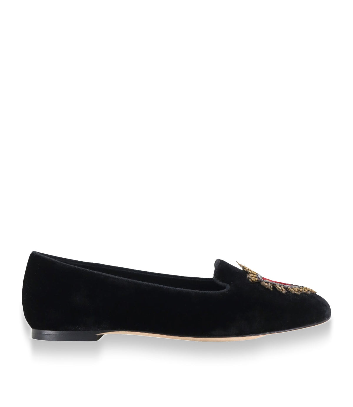 Schwarzer Dolce & Gabbana Loafer aus Samt mit gold-roter Stickerei auf dem Vorderblatt