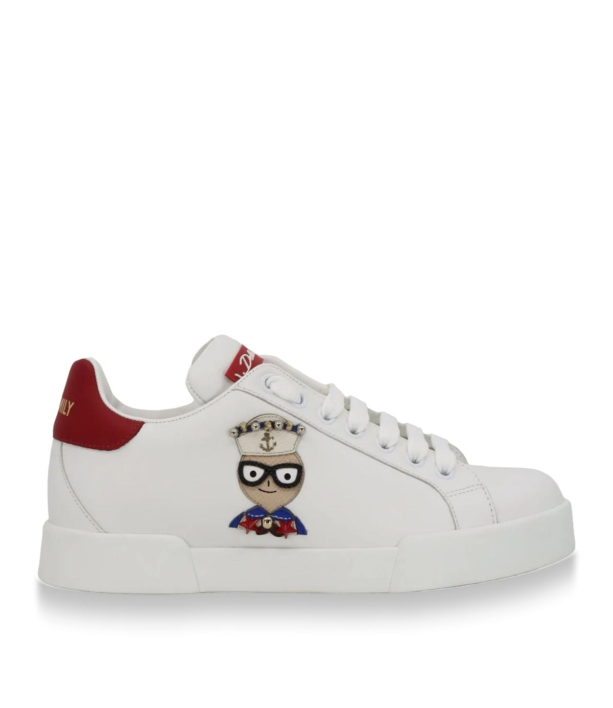 Weißer Dolce & Gabbana Sneaker mit rotem Fersenbereich und Cartoon-Applikation