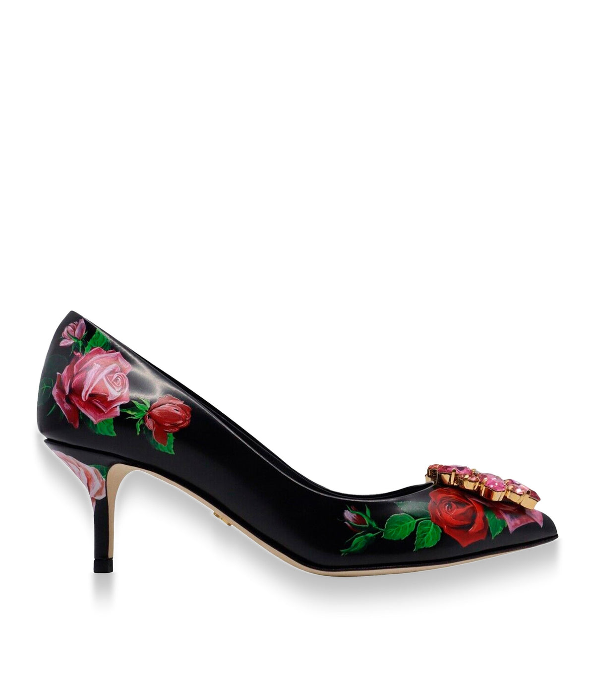 Dolce & Gabbana Pumps Größe 35 in Schwarz mit Rosenmuster und pinkem Schmuckelement