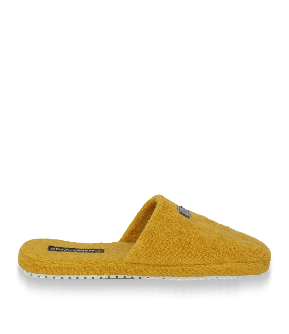 Dolce & Gabbana Pantoletten Größe 44 gelbe Designer Slipper aus Frottee mit Logo-Plakette