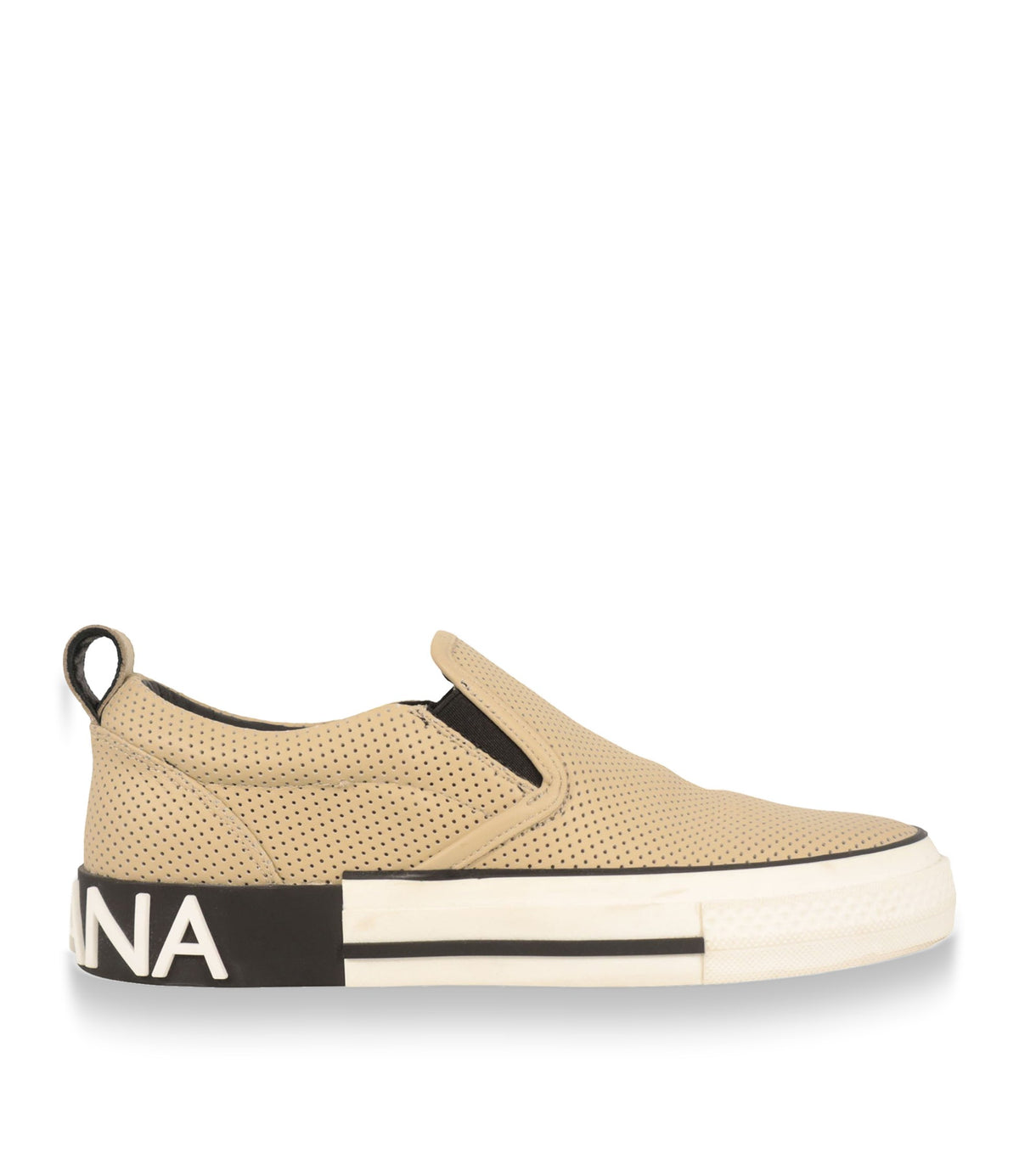 Dolce & Gabbana Slip-On Sneaker Größe 39 aus beigem perforiertem Leder mit Logo-Sohle im Dolce & Gabbana Sale.