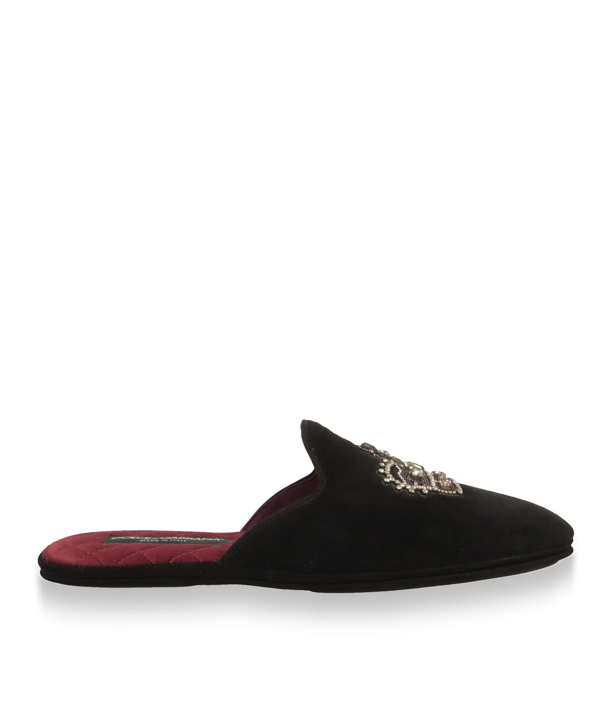 Dolce & Gabbana Pantoletten Größe 41 aus schwarzem Samt mit Kronen-Applikation und bordeauxroter Innensohle im Dolce & Gabbana Sale.