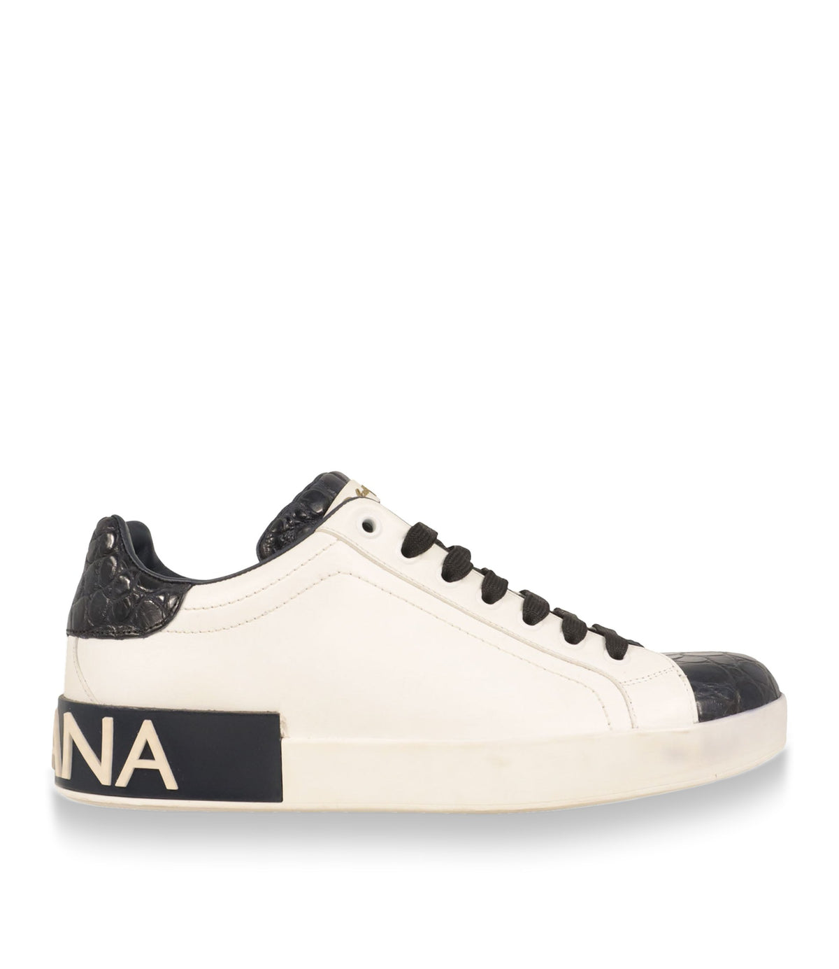 Dolce & Gabbana Sneaker Größe 39 in Weiß und Schwarz mit Kroko-Prägung aus Leder und Logo-Sohle.