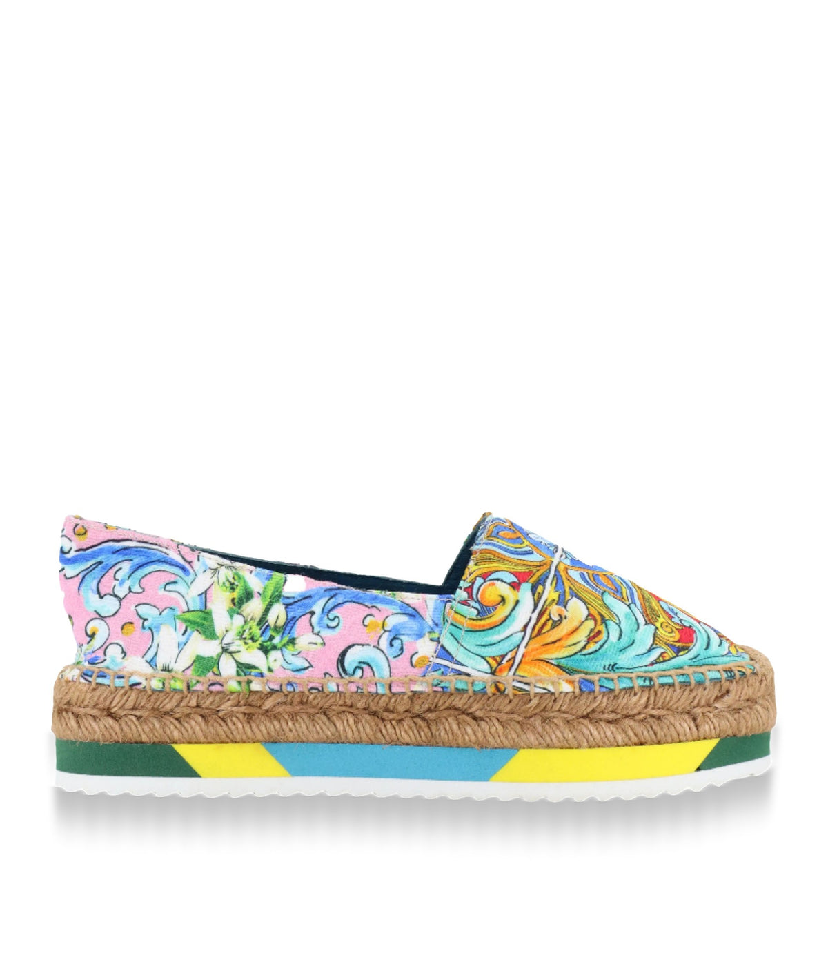 Bunte Dolce & Gabbana Espadrilles mit Majolika-Muster, Bastsohle und farbiger Gummisohle