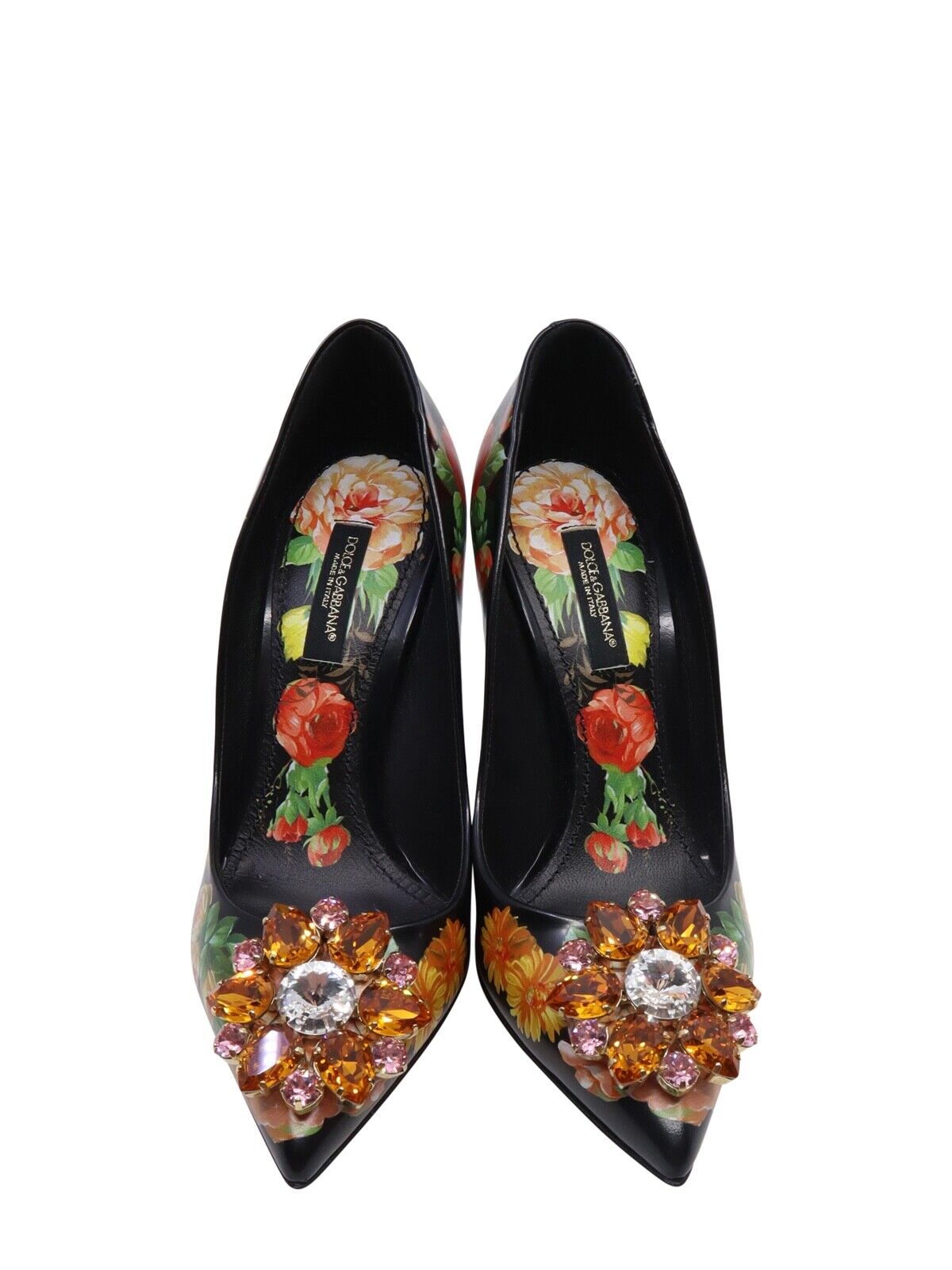 Dolce & Gabbana High Heels Größe 35 in Schwarz mit Blumenprint und Kristallschmuck auf der Spitze