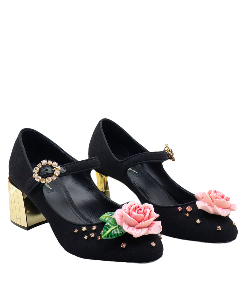 Schwarze Dolce & Gabbana Mary Jane Pumps mit goldfarbenem Blockabsatz und Blütenapplikation