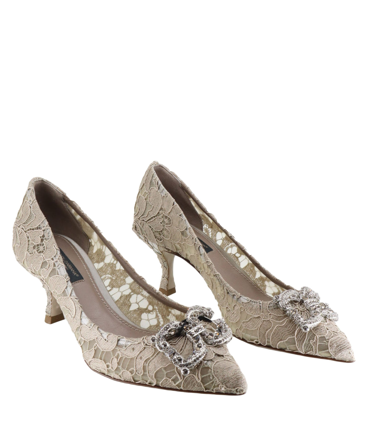Dolce & Gabbana Pumps aus beigefarbener Spitze mit Schmuckapplikation