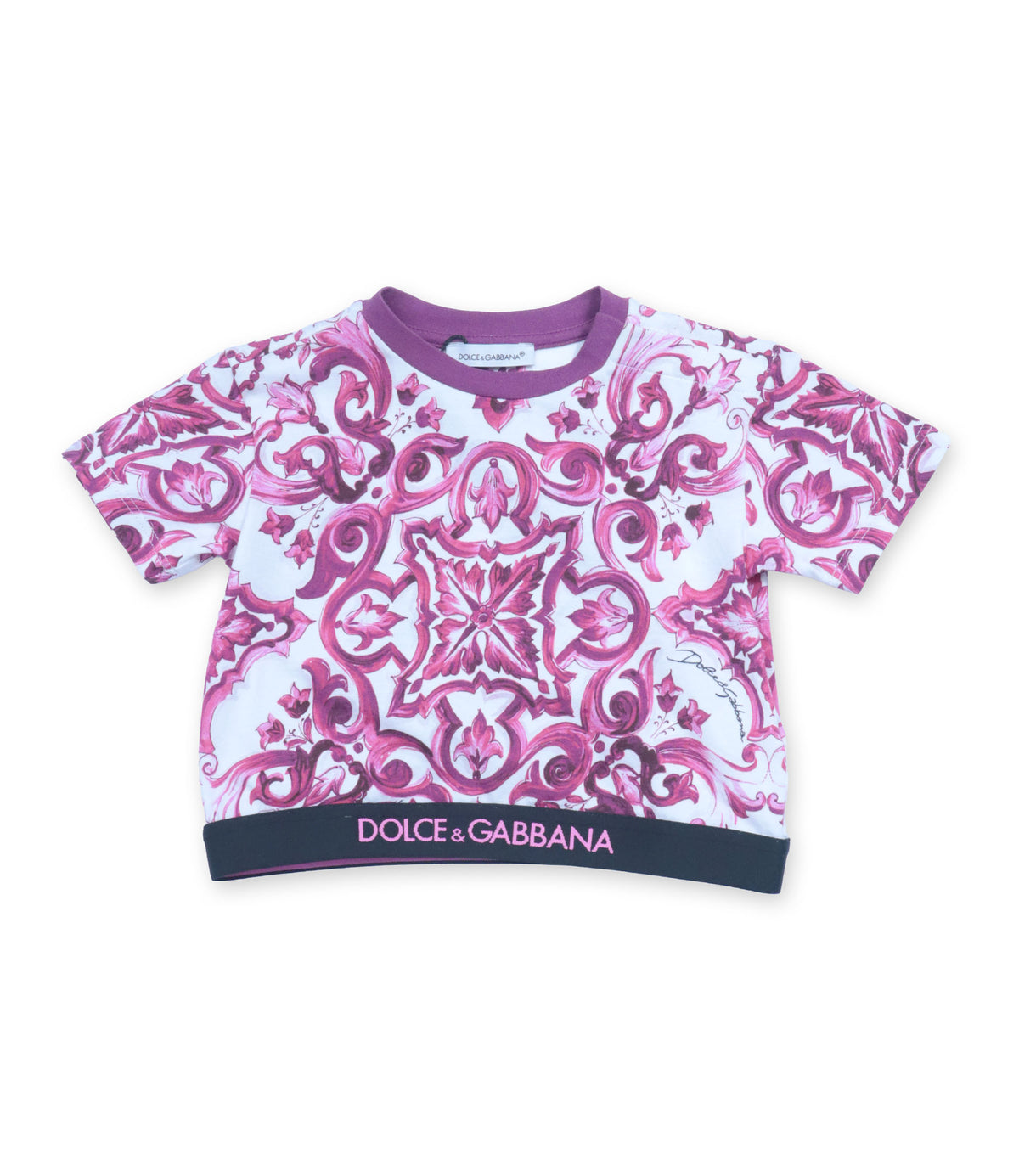 Dolce & Gabbana Baby T-Shirt mit pinkem Barockmuster aus Baumwolle