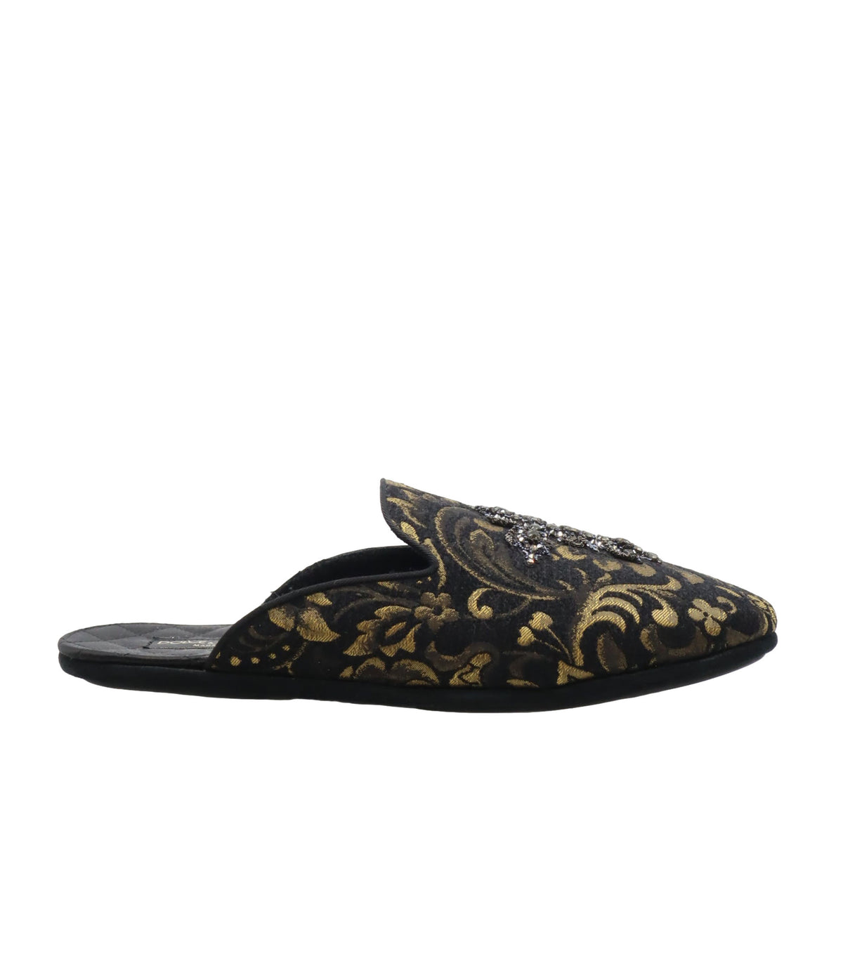 Barocker Luxus-Slipper mit goldener Stickerei und Kristallen – jetzt im Dolce & Gabbana Sale entdecken.