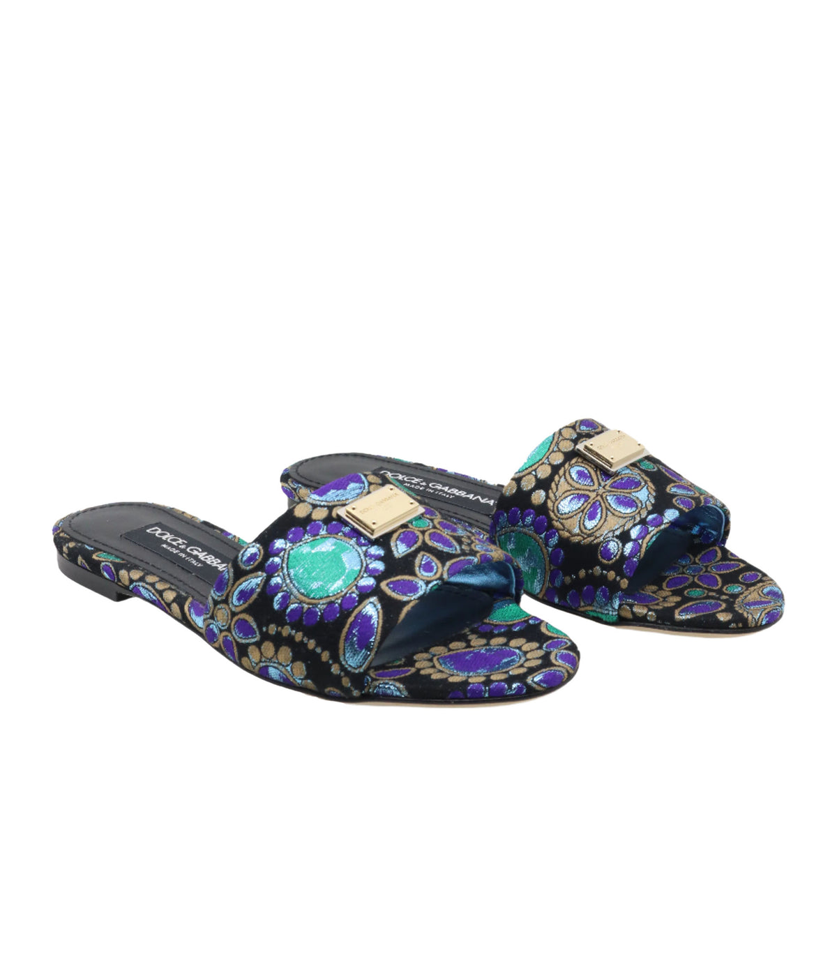 Dolce & Gabbana Sandalen mit Brokatmuster in Türkis und Violett sowie goldener Logo-Applikation