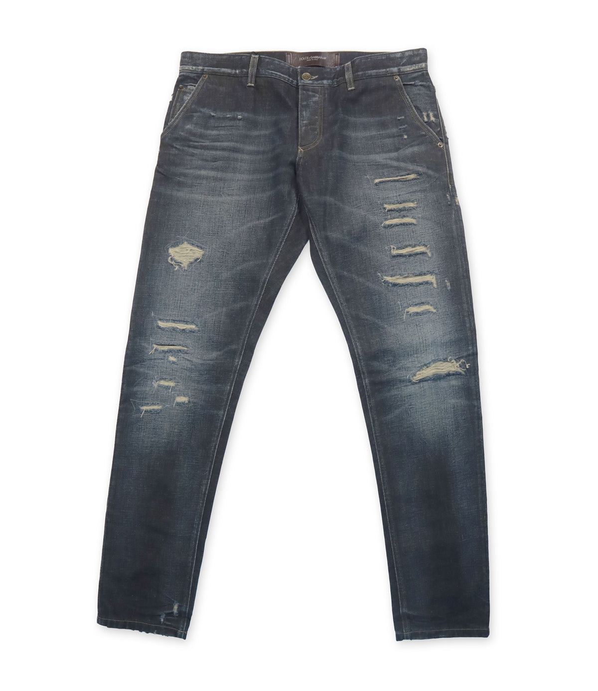 Dolce & Gabbana Jeans Größe 52 dunkelblaue Used-Look Designer Herrenjeans aus Italien mit Destroyed-Details.