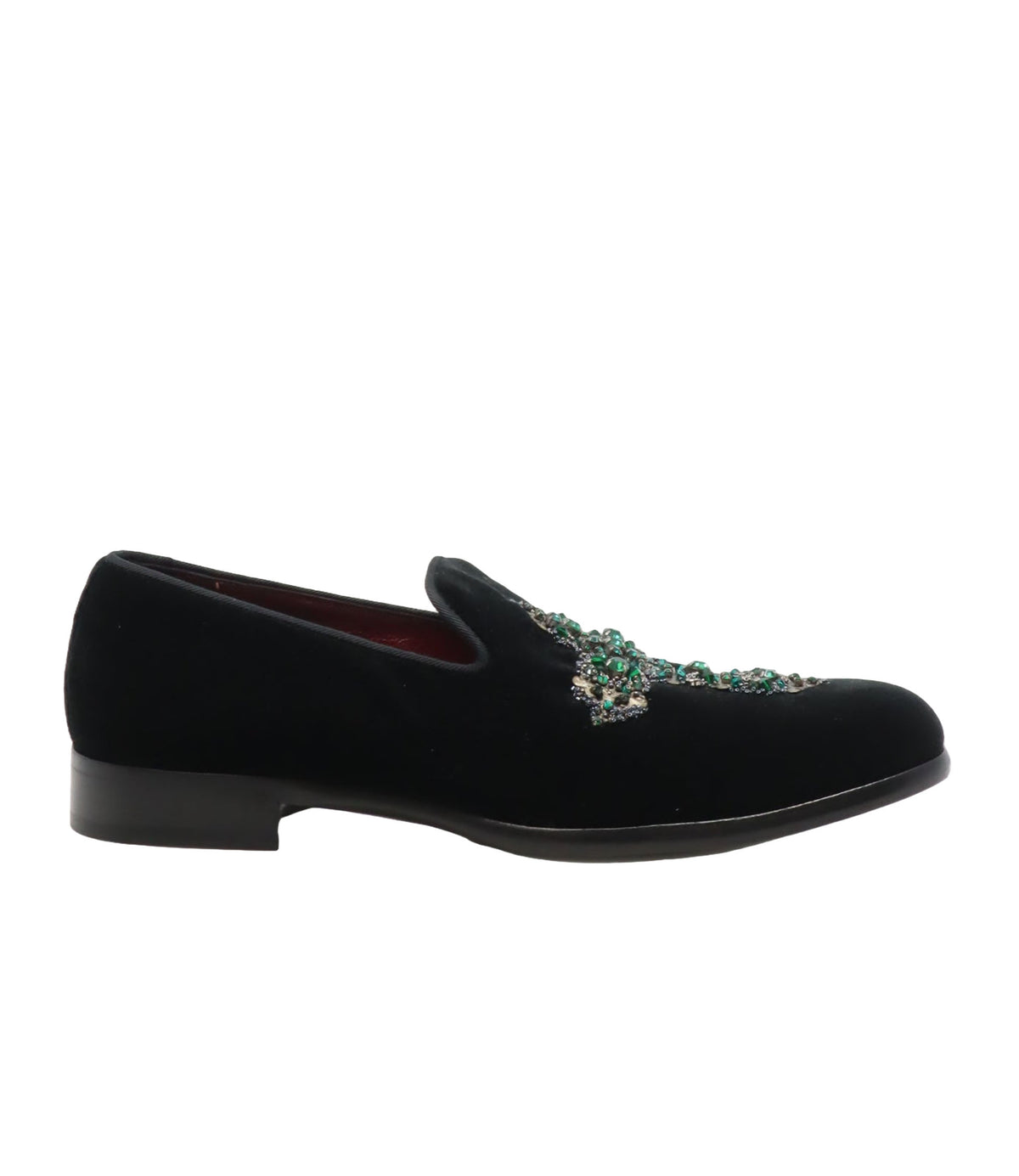 Dolce & Gabbana Herren-Loafer aus schwarzem Samt mit grünem Kristallbesatz Größe 40