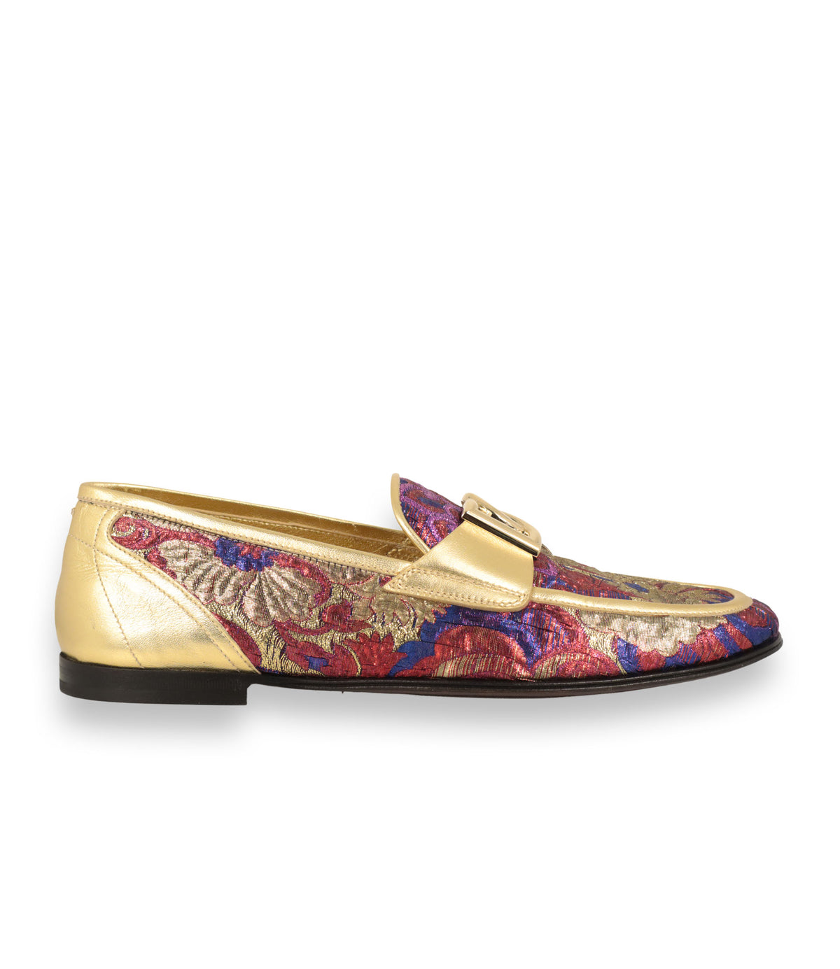 Dolce & Gabbana Loafer Größe 43 aus goldenem Metallic-Leder mit floralem Brokatmuster und DG-Logoschließe.