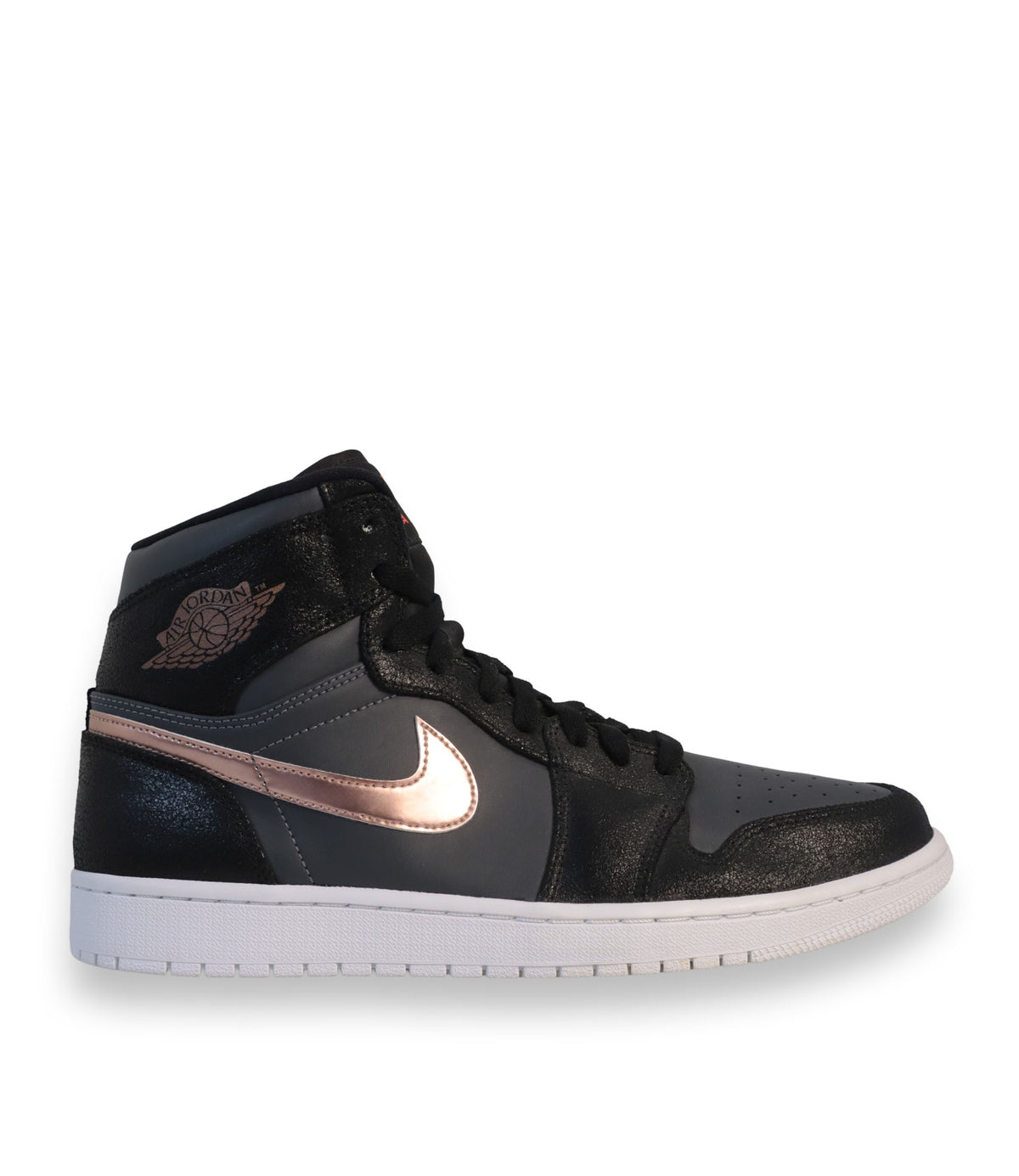 Air Jordan High-Top Sneaker Größe 45 in Schwarz und Anthrazit mit roségoldfarbenem Swoosh und weißer Sohle.