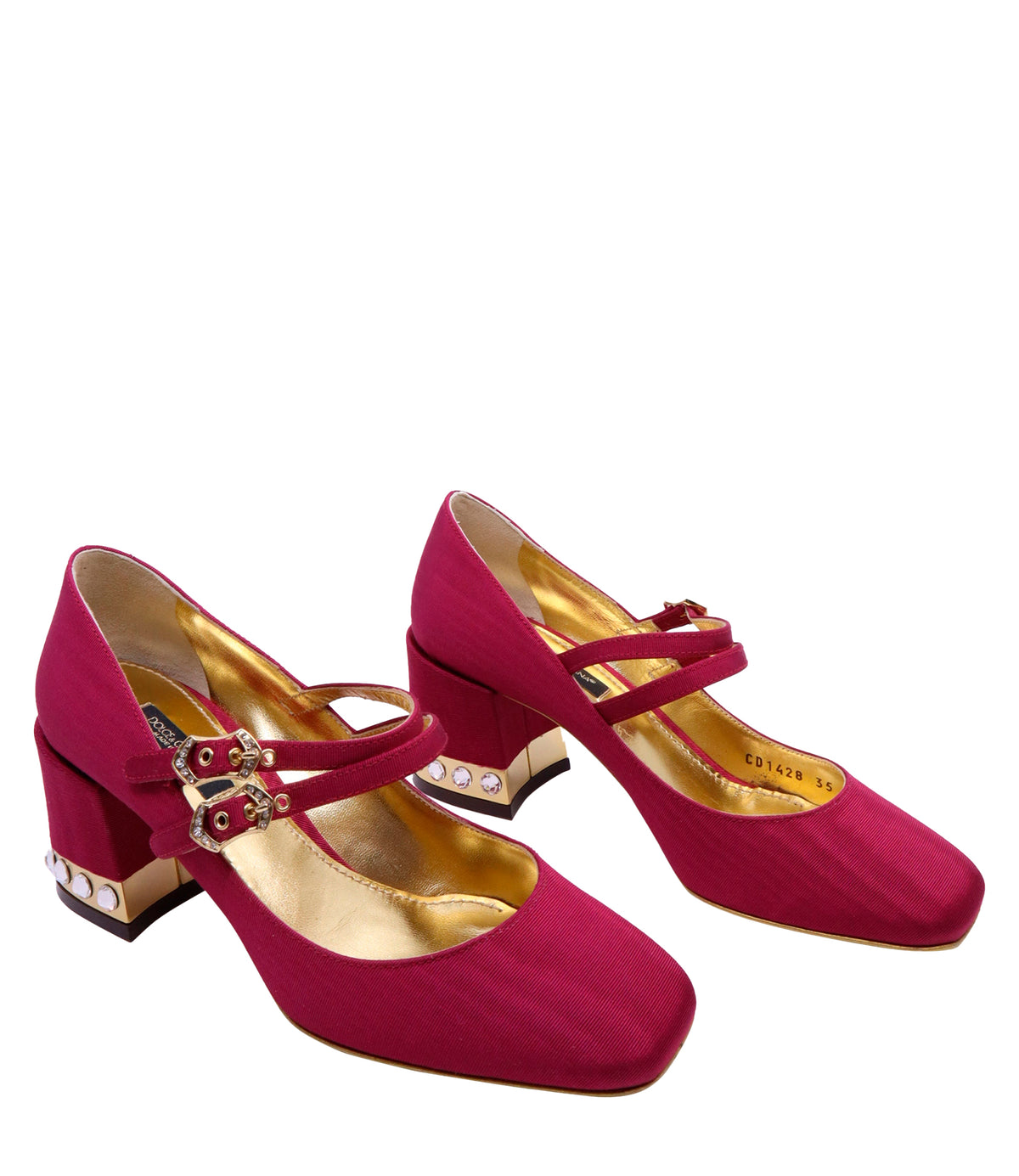 Dolce & Gabbana Mary Jane Pumps Größe 35 in Bordeaux mit Kristallverzierung und Blockabsatz