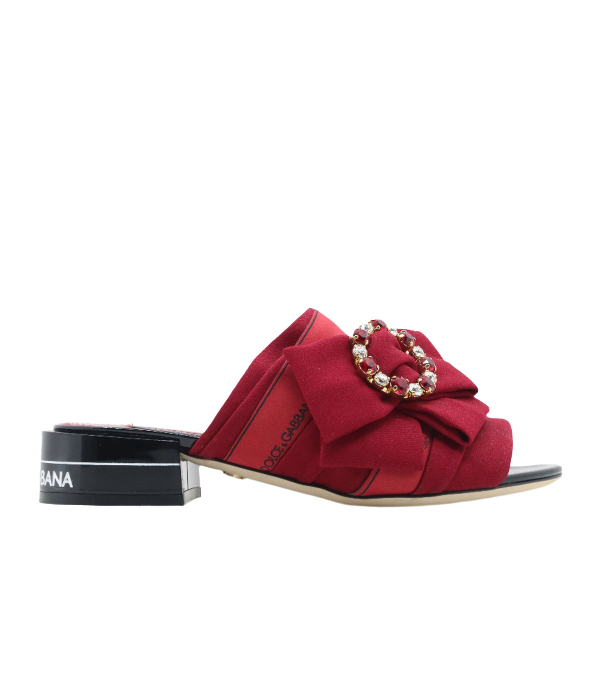 Rote Dolce & Gabbana Mules mit Schleife, Kristall-Schnalle und schwarzem Blockabsatz