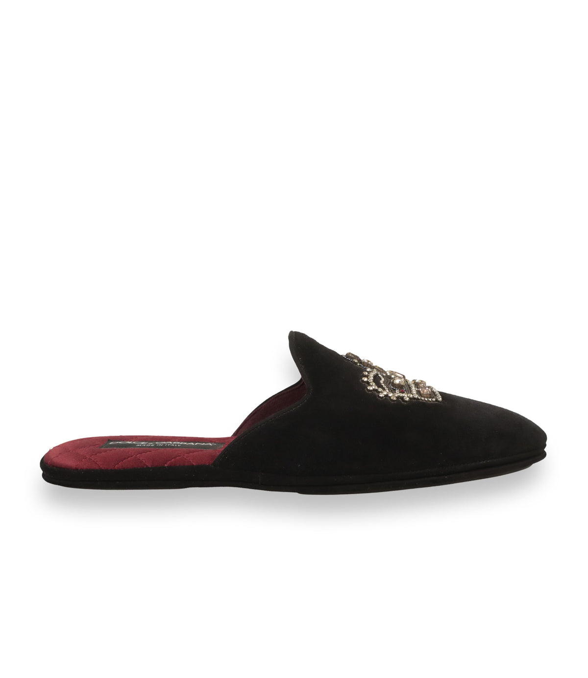 Dolce & Gabbana Pantoletten Größe 41 aus schwarzem Samt mit Kronen-Applikation und bordeauxroter Innensohle im Dolce & Gabbana Sale.