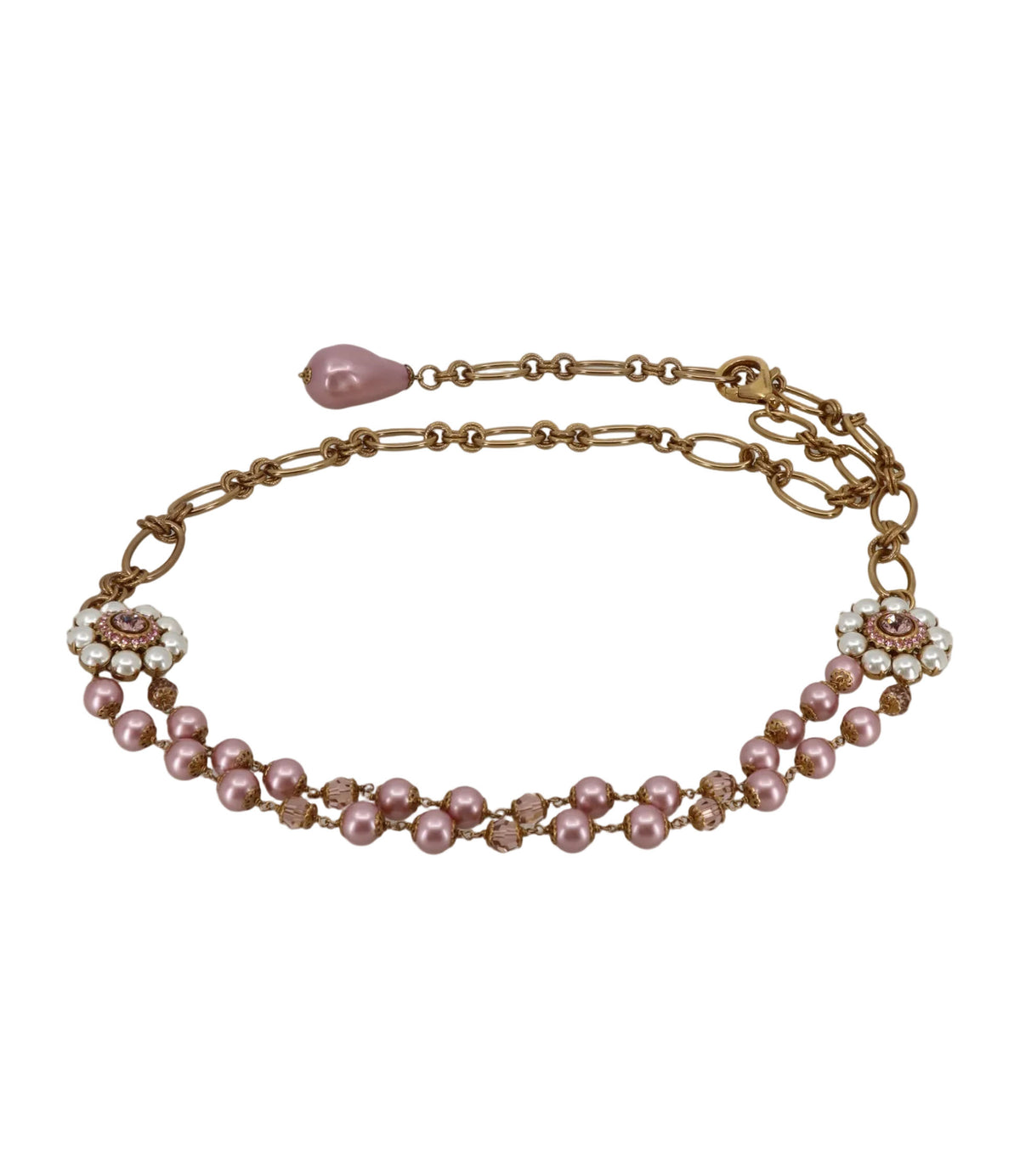 Dolce & Gabbana Gürtel Gold mit roséfarbenen Perlen und floralen Schmuckelementen