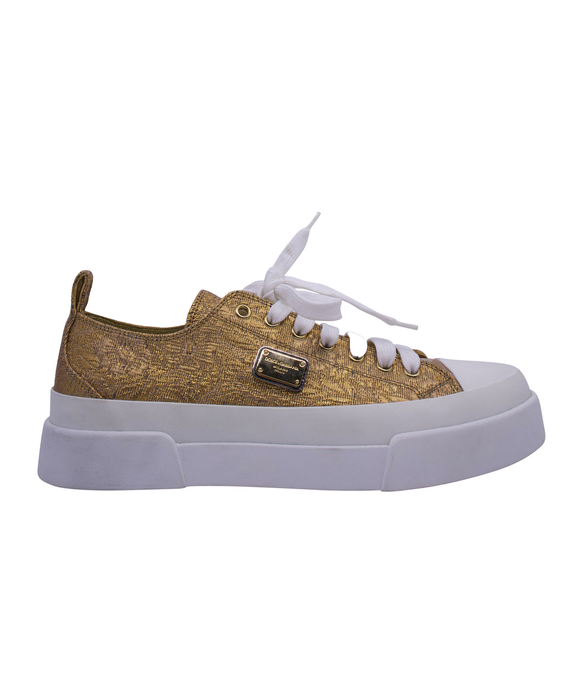 Dolce & Gabbana Sneaker Größe 40 in Gold mit weißer Gummisohle und Logo-Plate